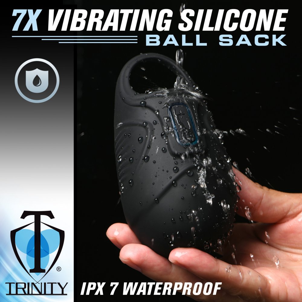 7X Vibrating Silicone Ball Sack in black, designed for ball stimulation with a sleek and stretchy silicone material.