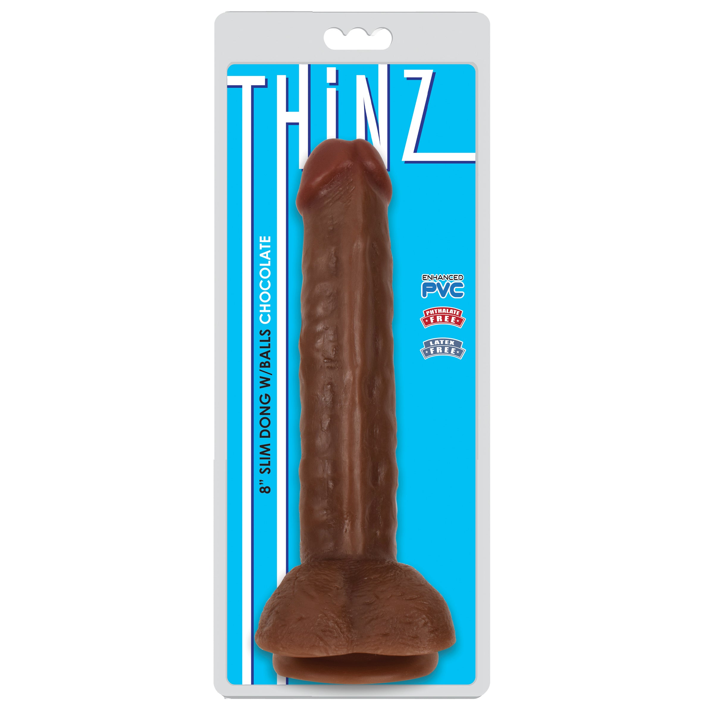 8 Inch Slim Dildo with Balls in Dark color, showcasing realistic details and a sturdy suction cup base.