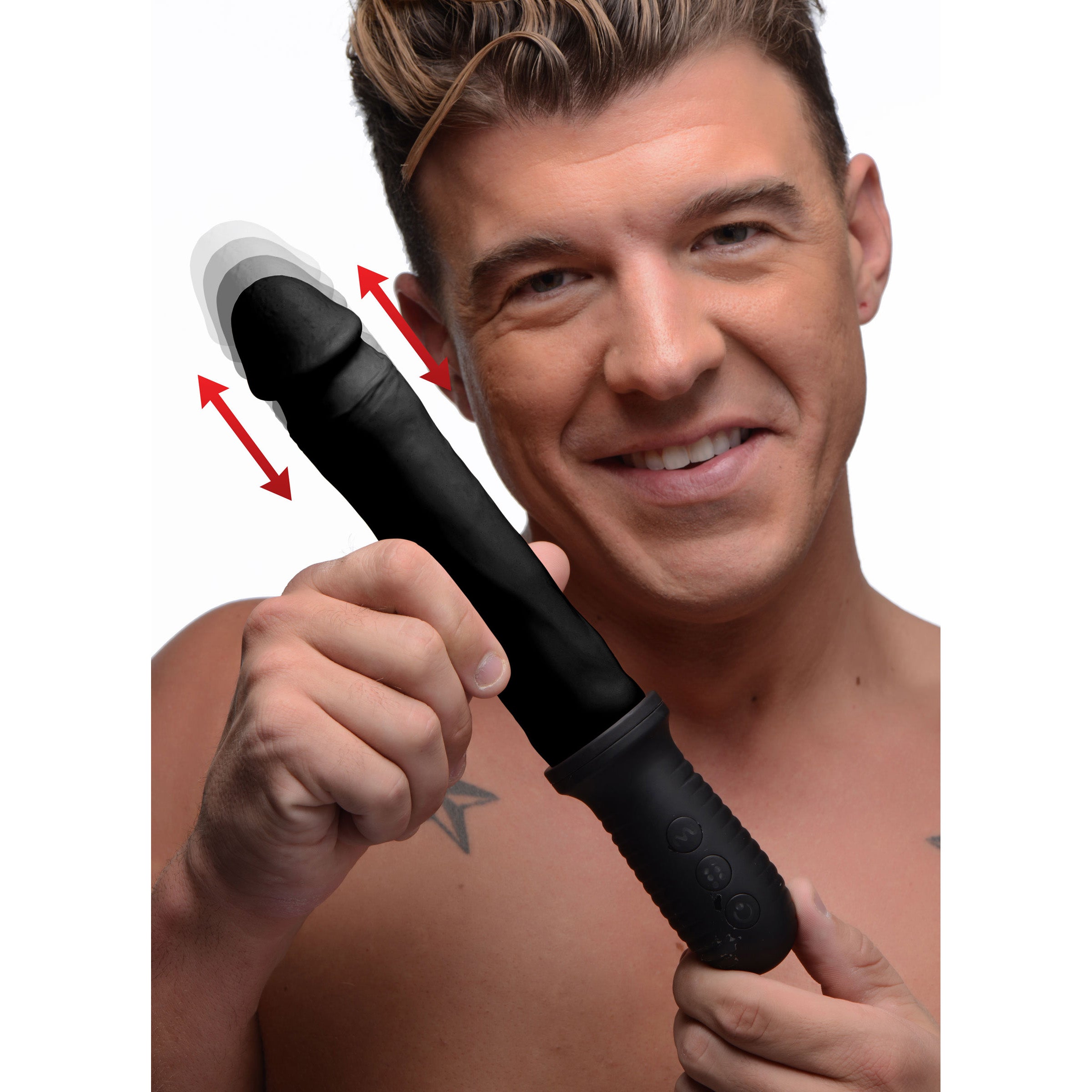 8X Auto Pounder Vibrating and Thrusting Dildo with Handle in black, showcasing its realistic design and textured shaft.