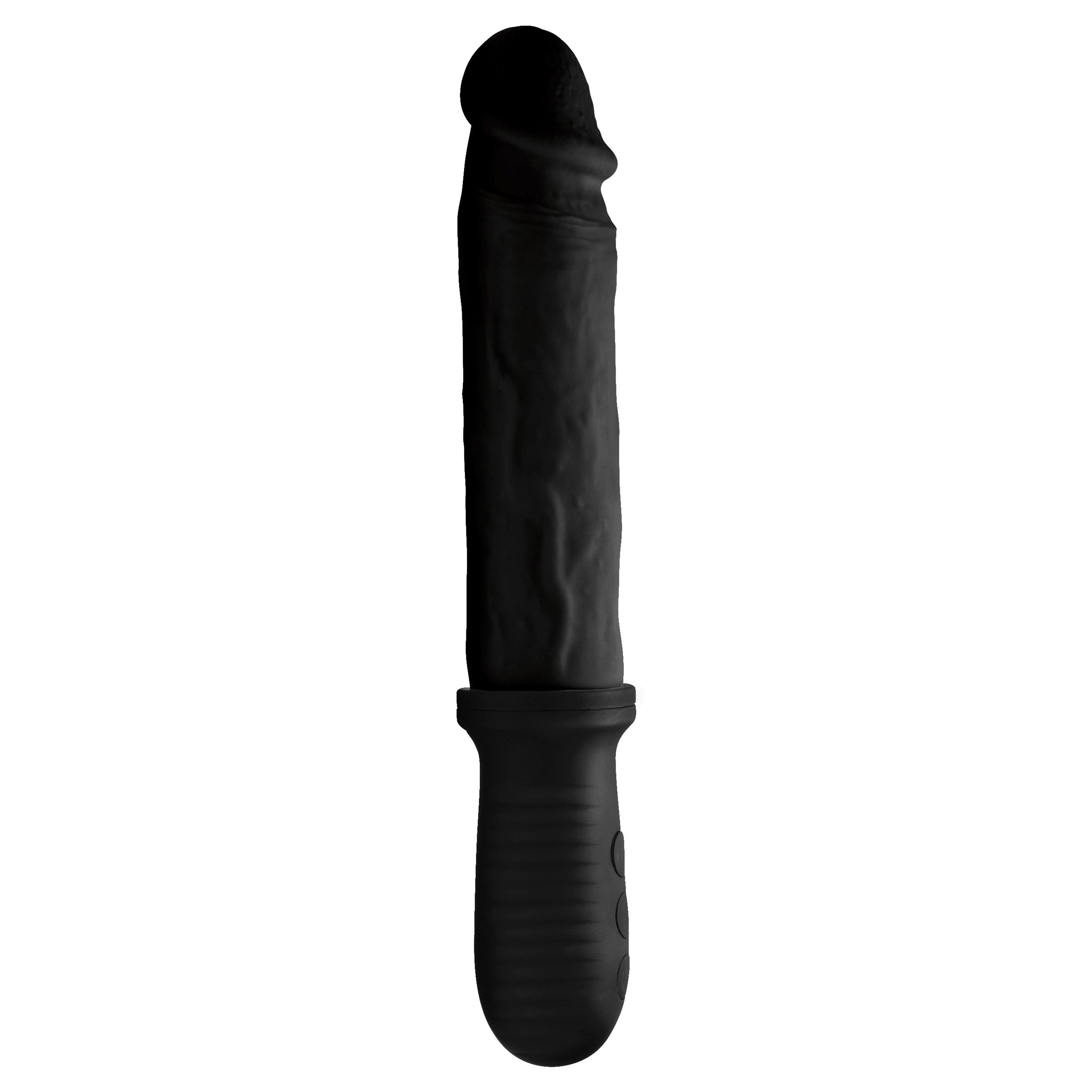 8X Auto Pounder Vibrating and Thrusting Dildo with Handle in black, showcasing its realistic design and textured shaft.