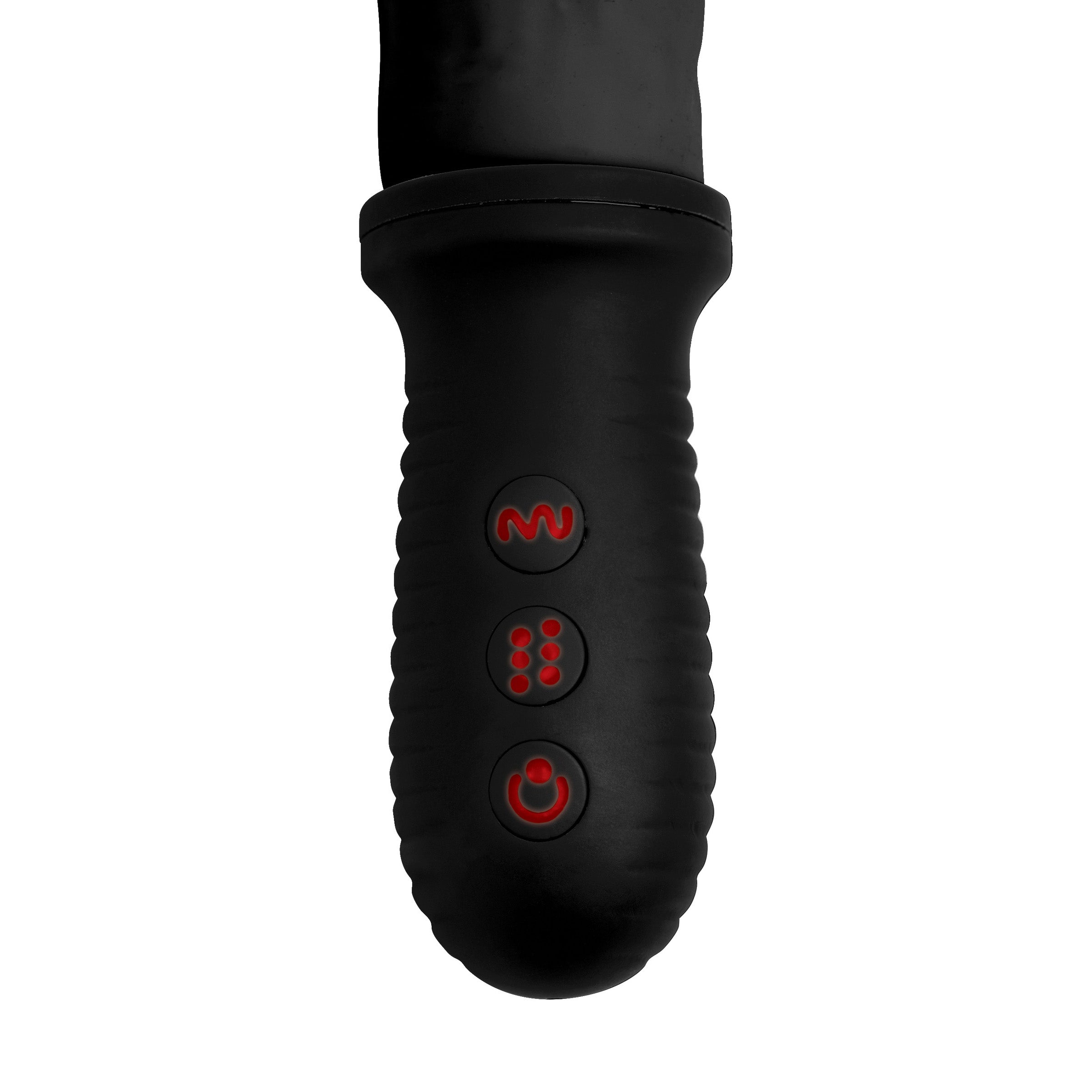 8X Auto Pounder Vibrating and Thrusting Dildo with Handle in black, showcasing its realistic design and textured shaft.