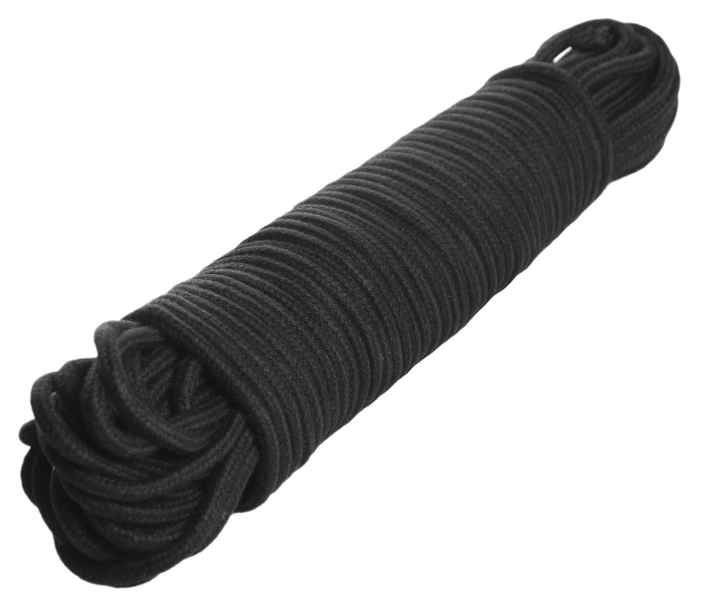 A 96-foot long black cotton bondage rope, tightly braided for durability and softness, ideal for various BDSM applications.