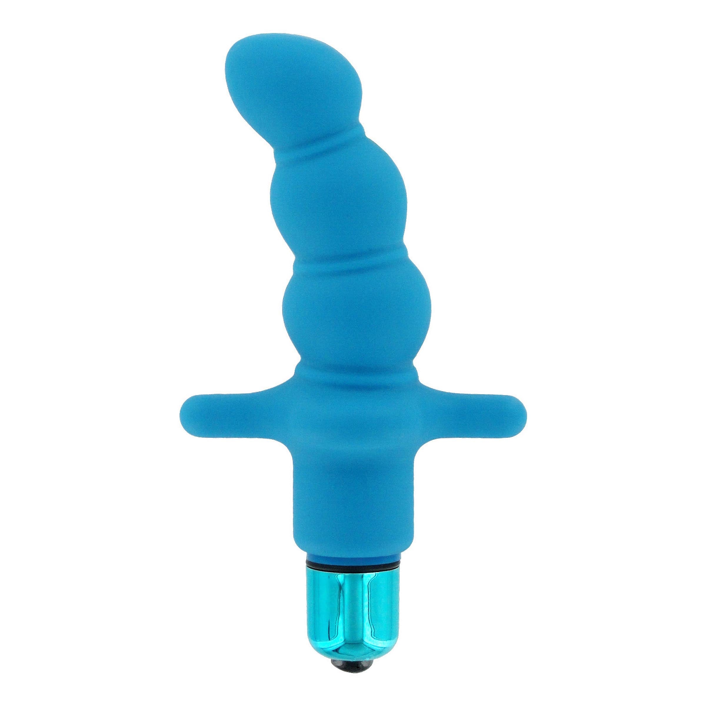 All Mighty Azure Vibe in blue, made of silicone, featuring a curved design for targeted stimulation and a removable inner bullet.