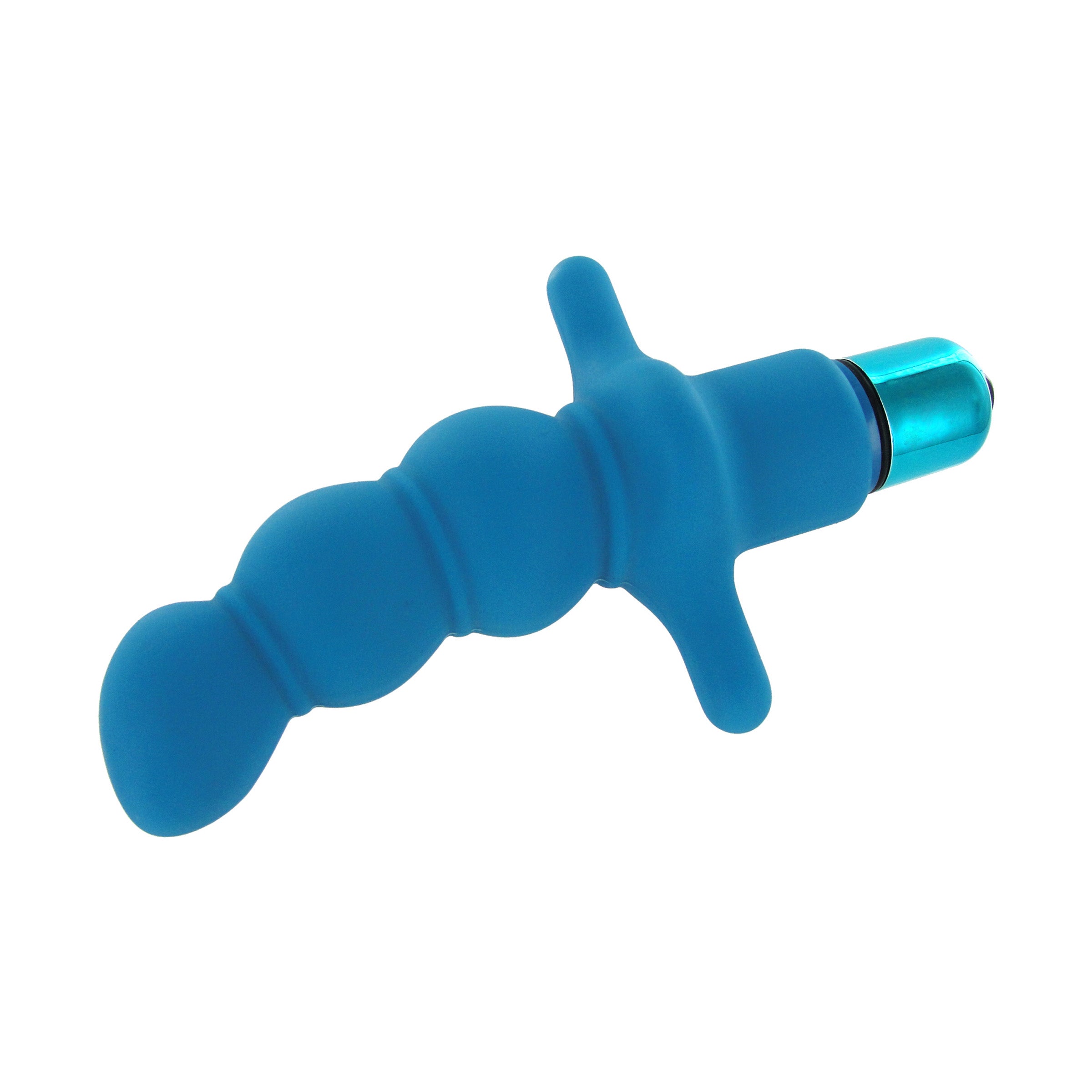 All Mighty Azure Vibe in blue, made of silicone, featuring a curved design for targeted stimulation and a removable inner bullet.