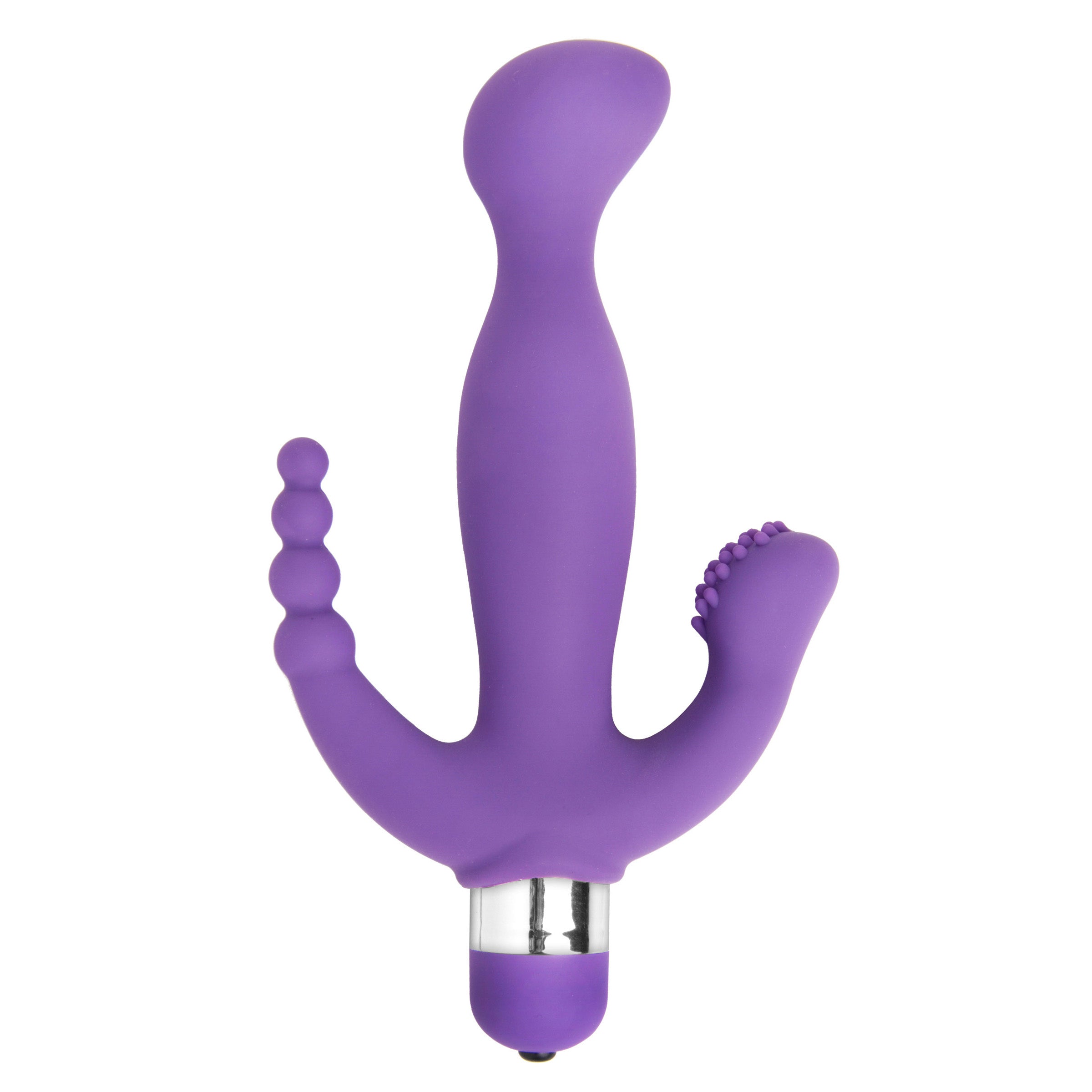 Amethyst 7 Mode Triple Stimulation Vibe in purple, featuring a curved shaft, nubby pleasure pad, and tapered probe for versatile stimulation.