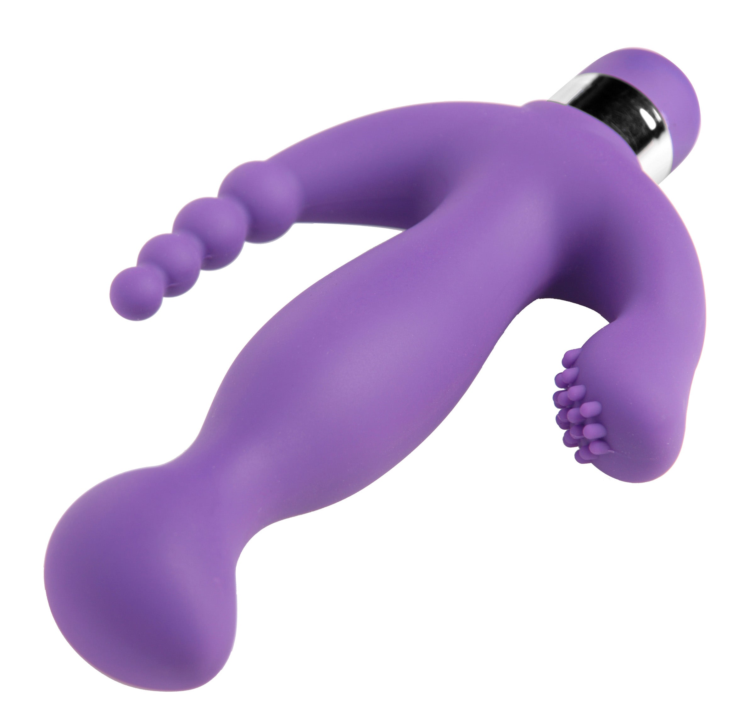 Amethyst 7 Mode Triple Stimulation Vibe in purple, featuring a curved shaft, nubby pleasure pad, and tapered probe for versatile stimulation.