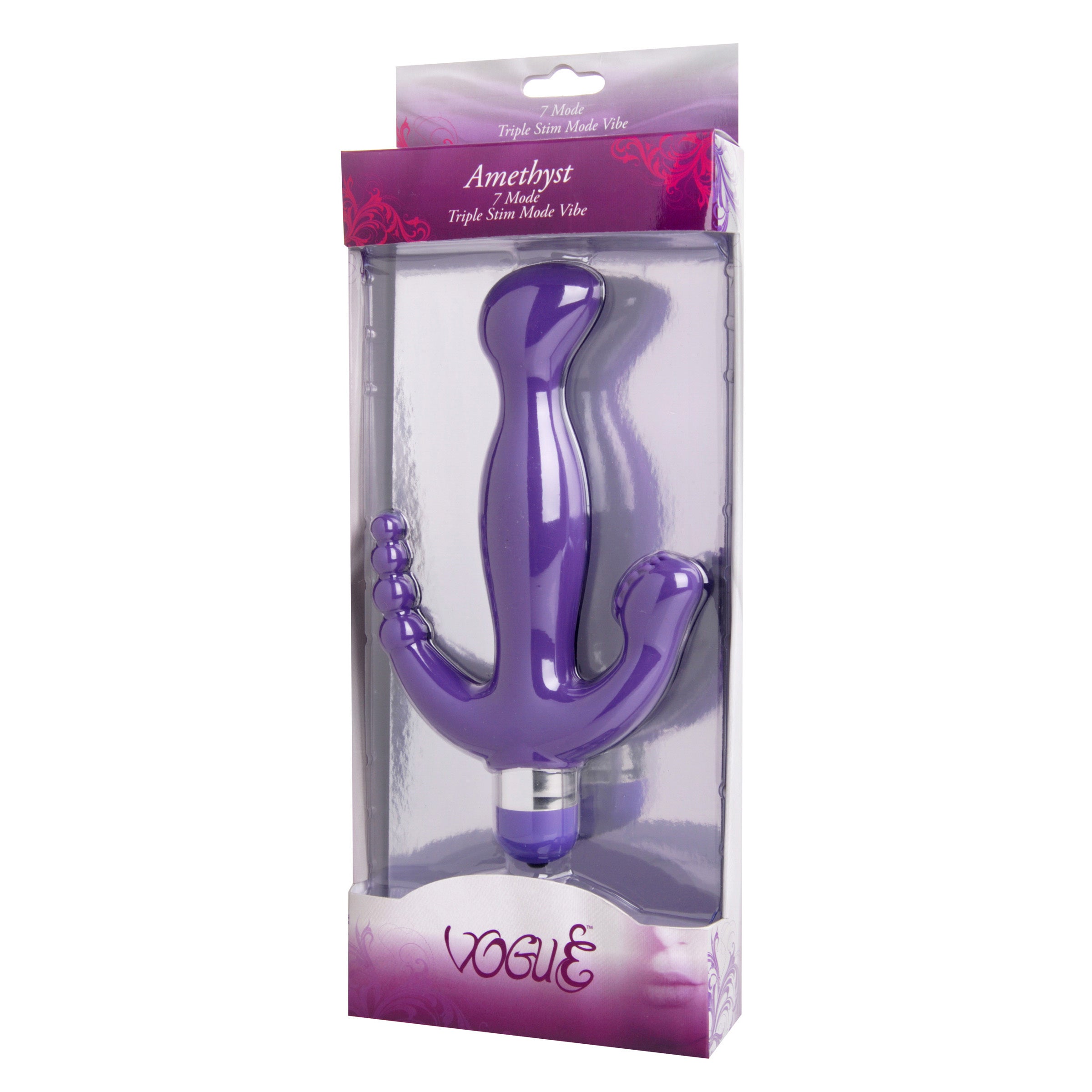 Amethyst 7 Mode Triple Stimulation Vibe in purple, featuring a curved shaft, nubby pleasure pad, and tapered probe for versatile stimulation.