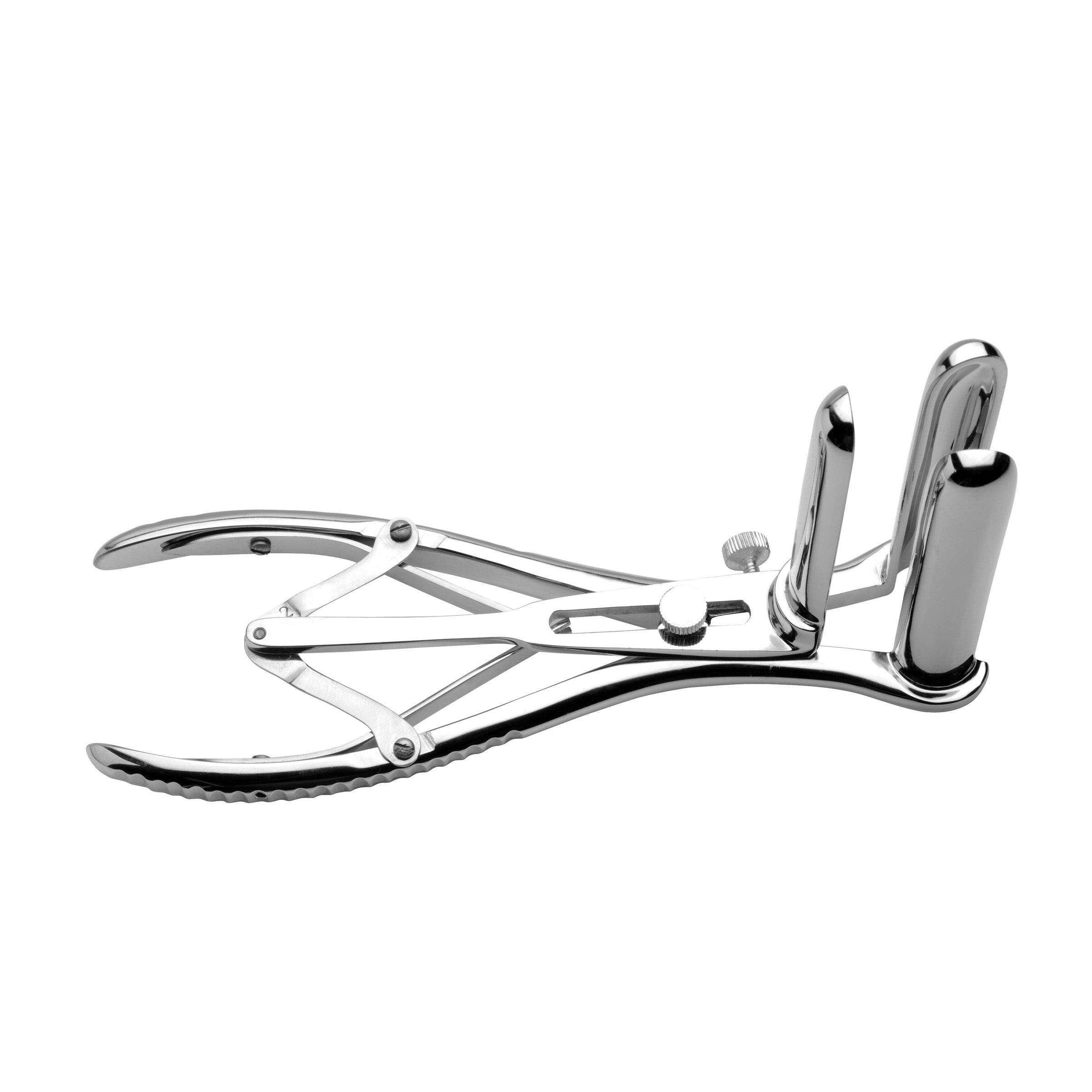 Anal Speculum made of stainless steel with three rounded fingers for even dilation, designed for medical play and BDSM.