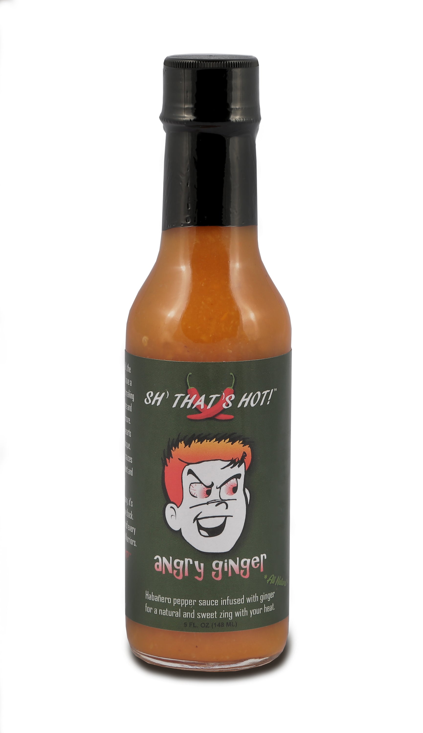 A bottle of Angry Ginger hot sauce featuring a vibrant label, showcasing its fiery habanero and ginger ingredients.