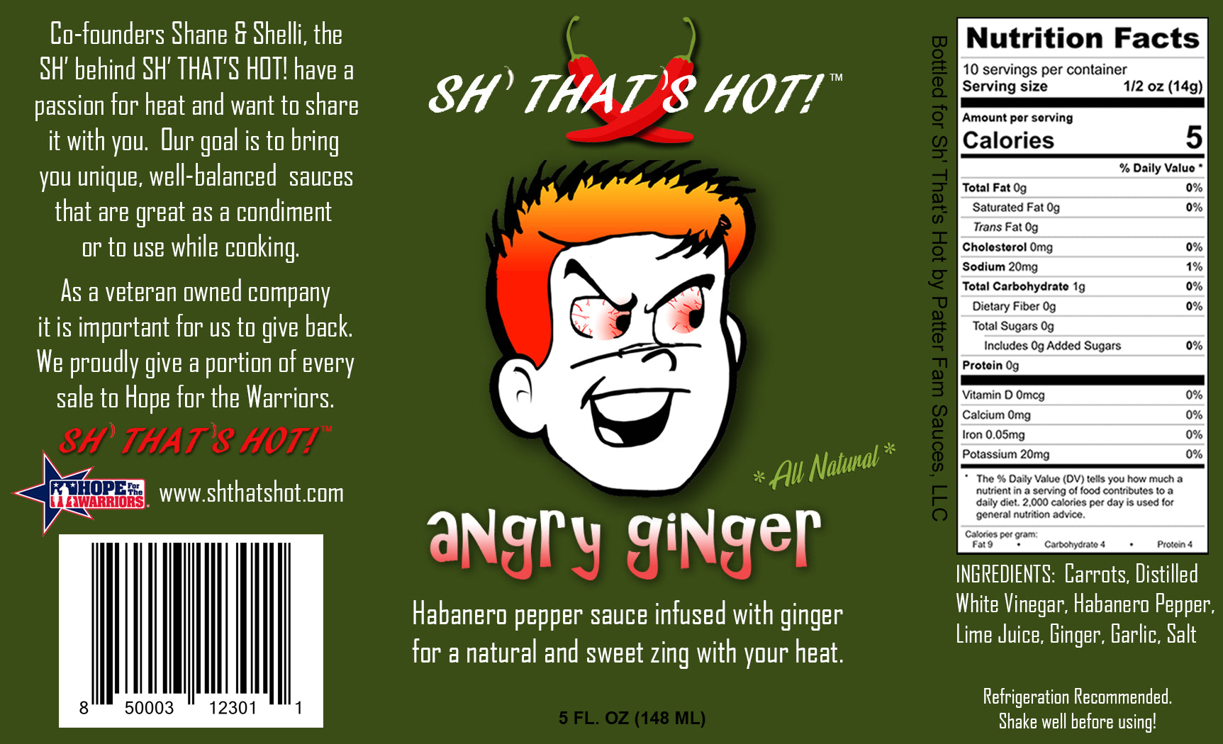 A bottle of Angry Ginger hot sauce featuring a vibrant label, showcasing its fiery habanero and ginger ingredients.