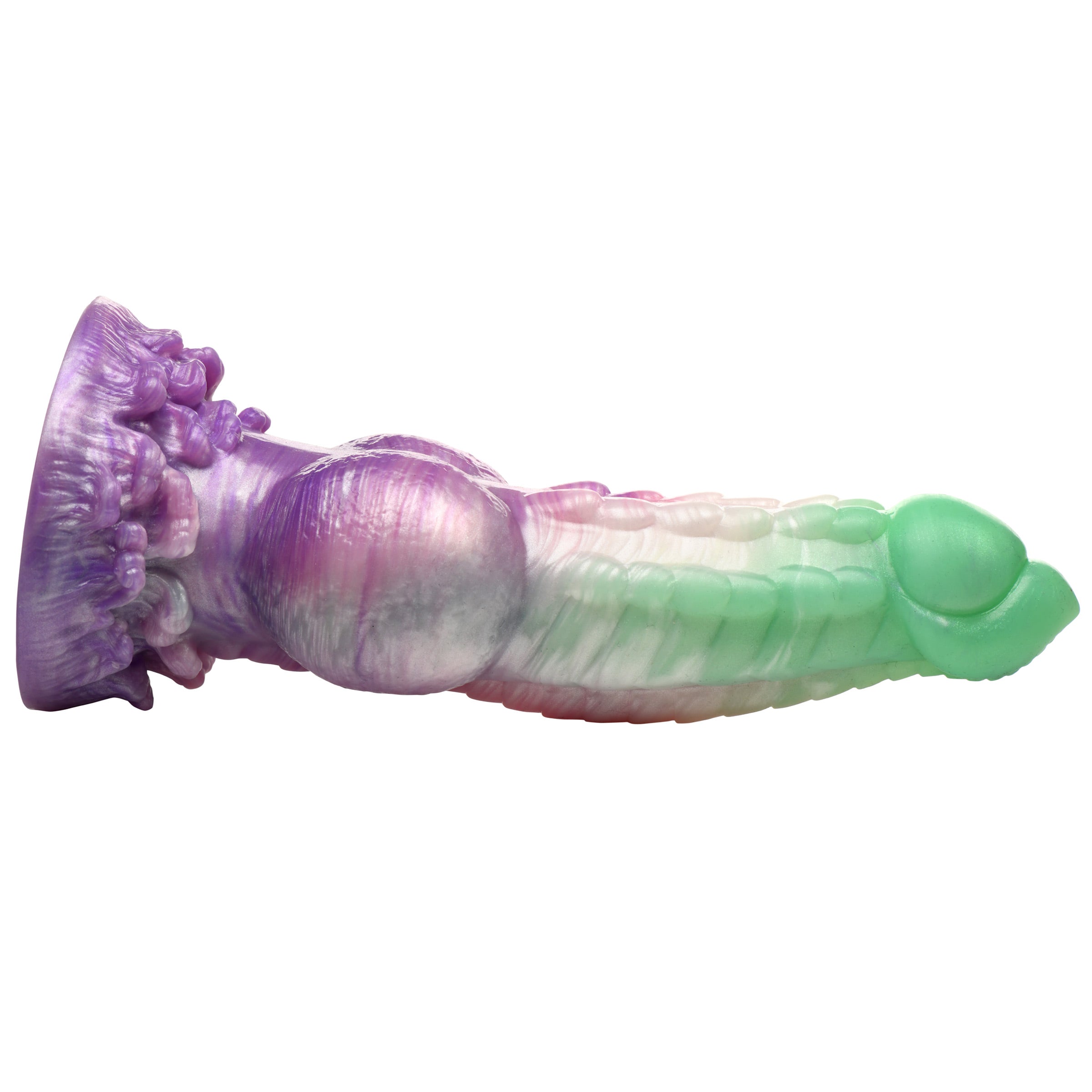 Aqua Phoenix Silicone Dildo in jade green and purple with ribbed shaft and suction cup base, designed for fantasy play.