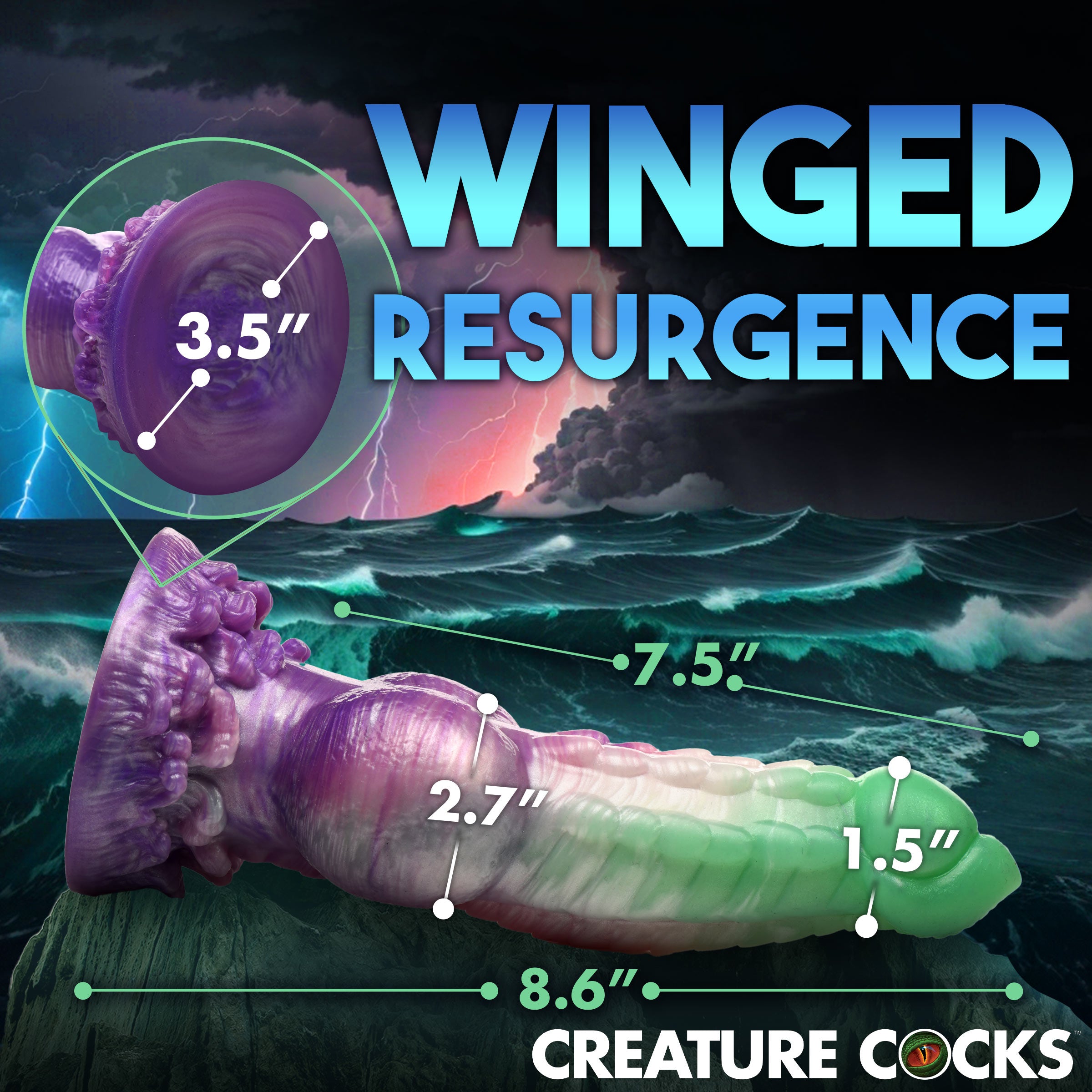 Aqua Phoenix Silicone Dildo in jade green and purple with ribbed shaft and suction cup base, designed for fantasy play.