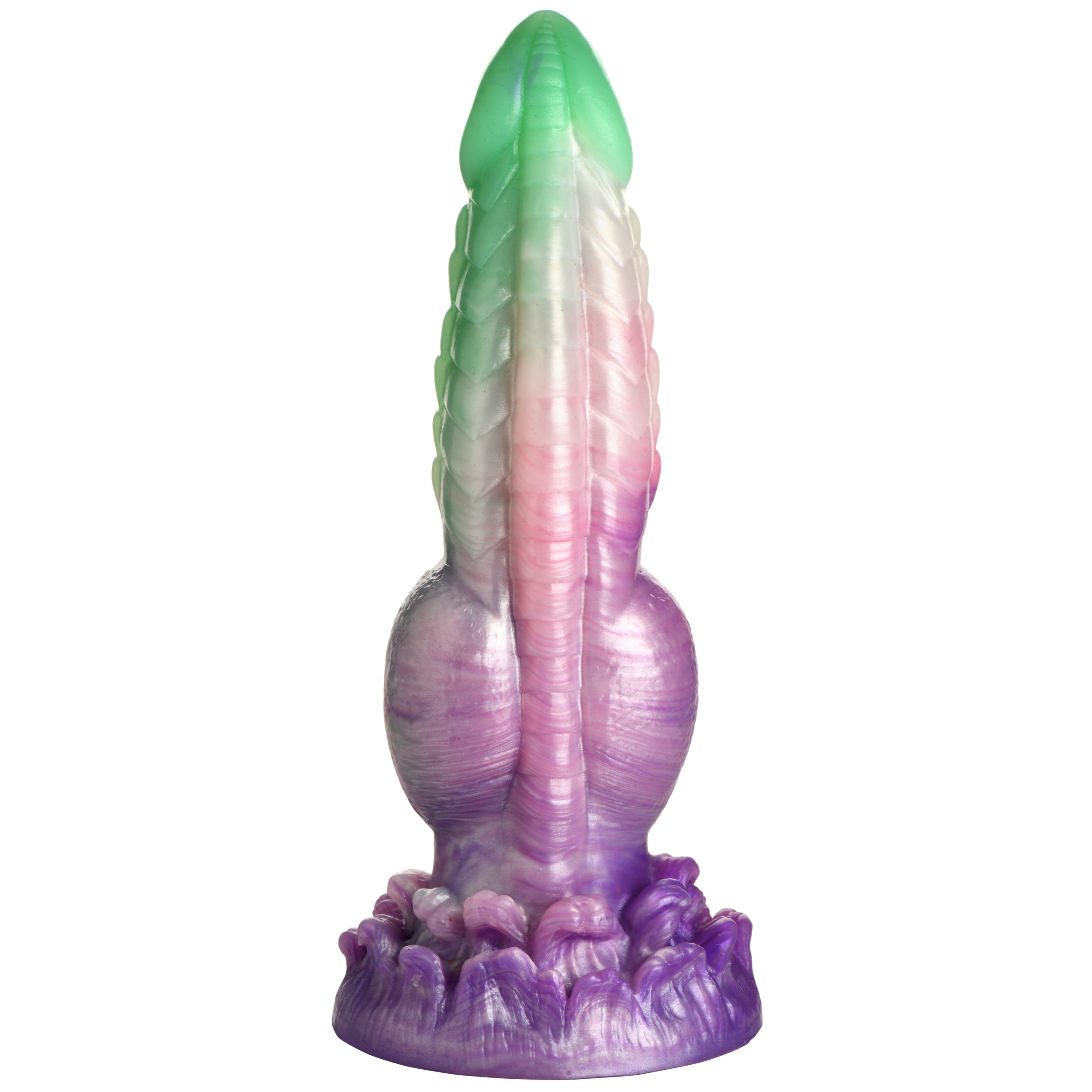 Aqua Phoenix Silicone Dildo in jade green and purple with ribbed shaft and suction cup base, designed for fantasy play.