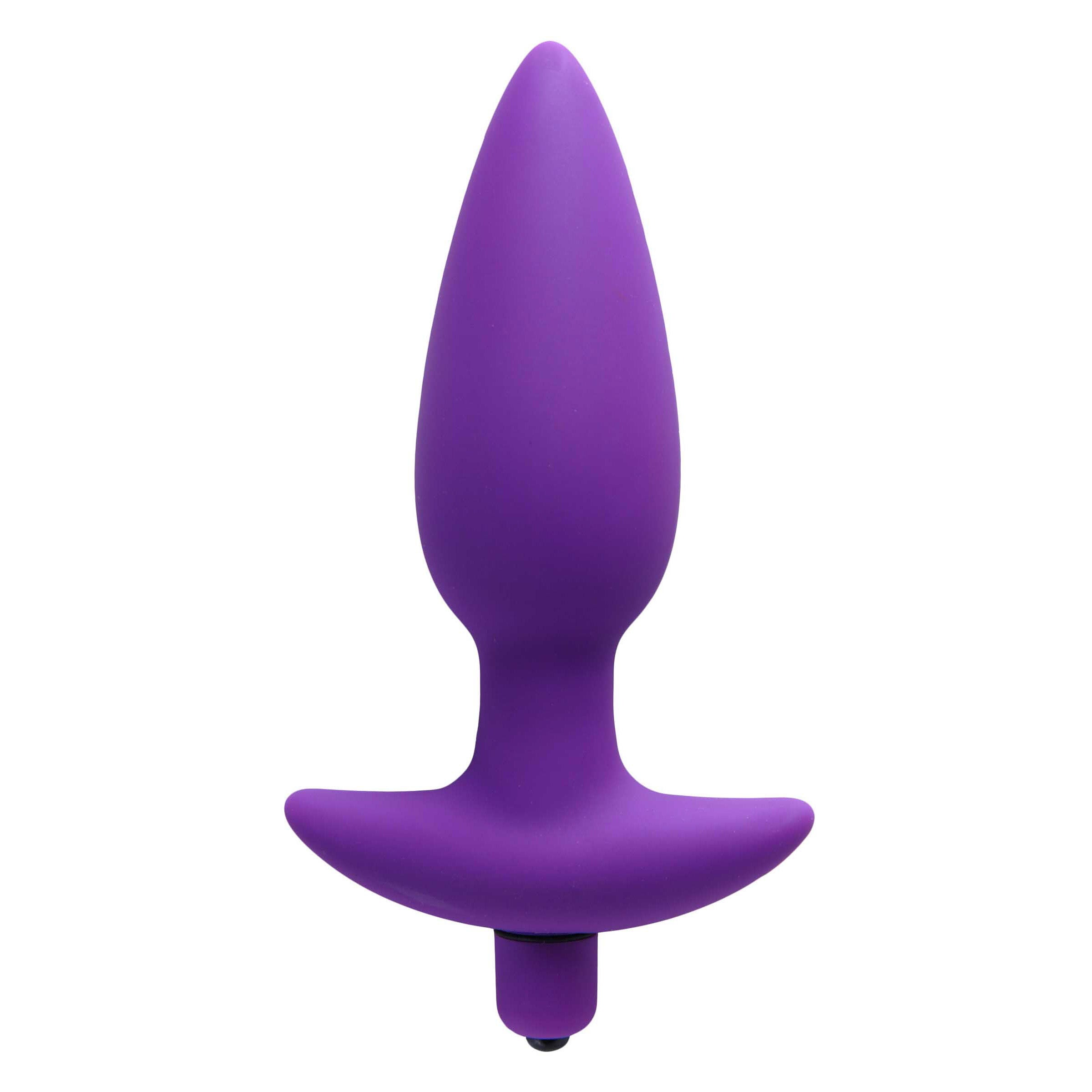 Aria Vibrating Silicone Anal Plug in purple, featuring a tapered design and flared base for safety, with a powerful vibrating bullet.