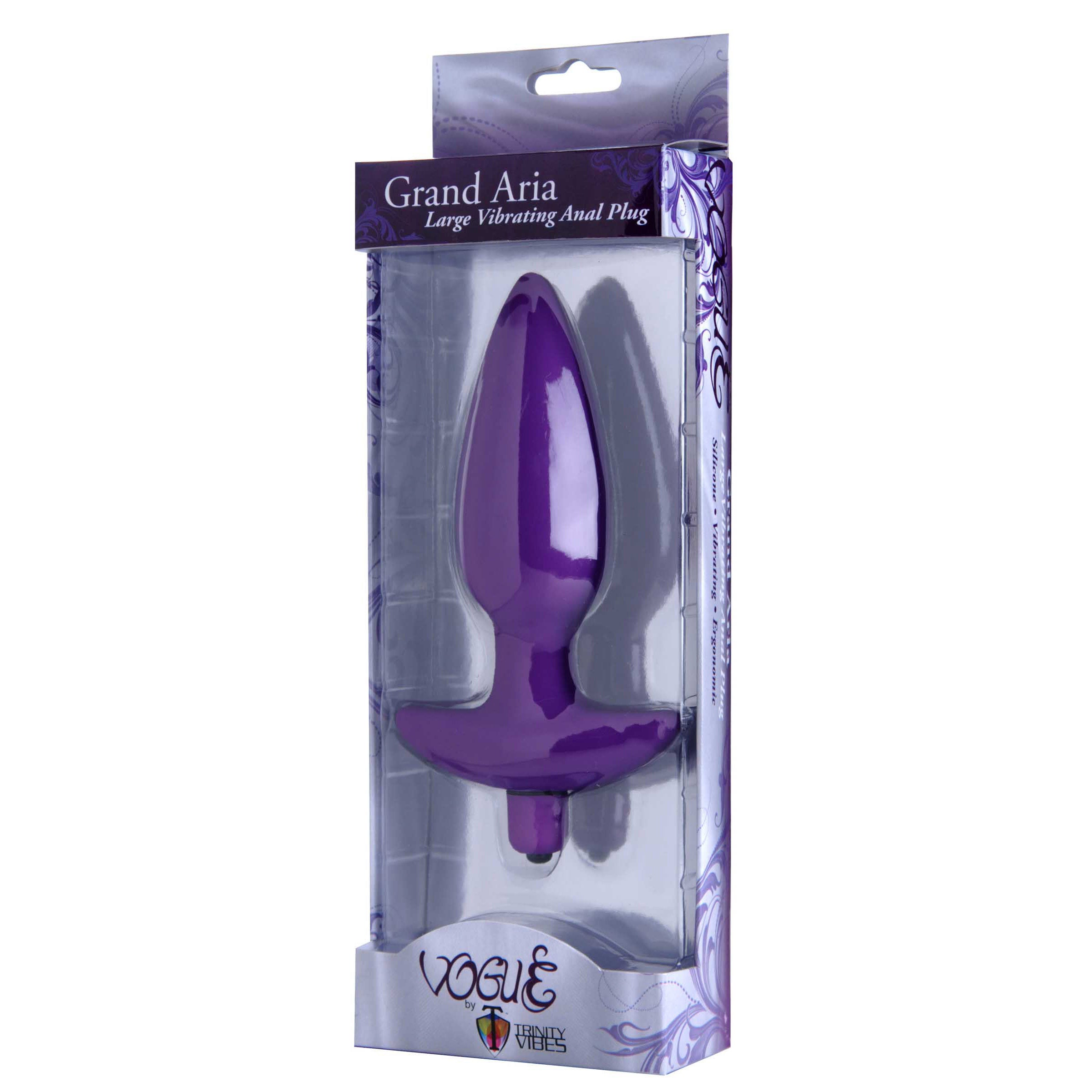 Aria Vibrating Silicone Anal Plug in purple, featuring a tapered design and flared base for safety, with a powerful vibrating bullet.