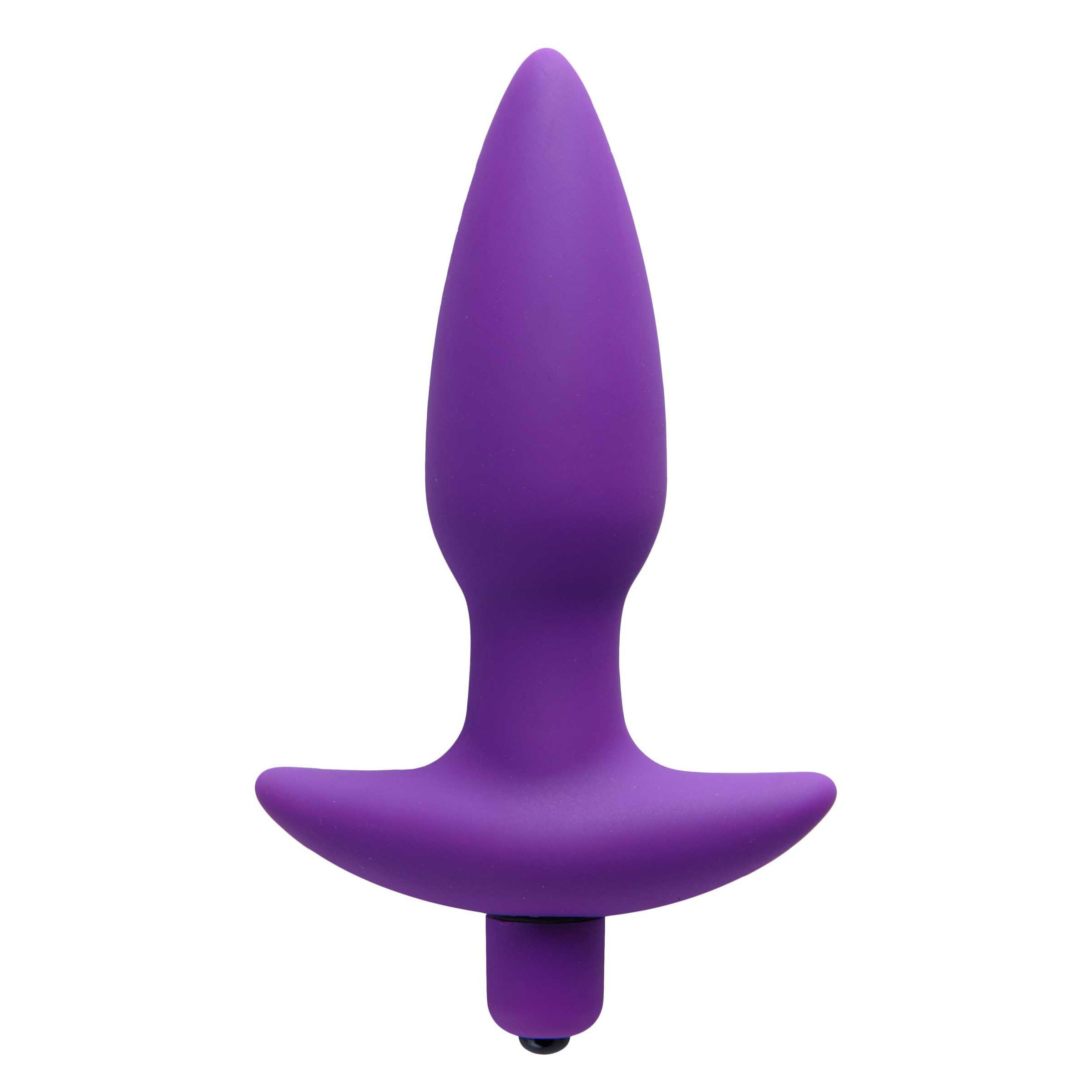 Aria Vibrating Silicone Anal Plug in purple, featuring a tapered design and flared base for safety.