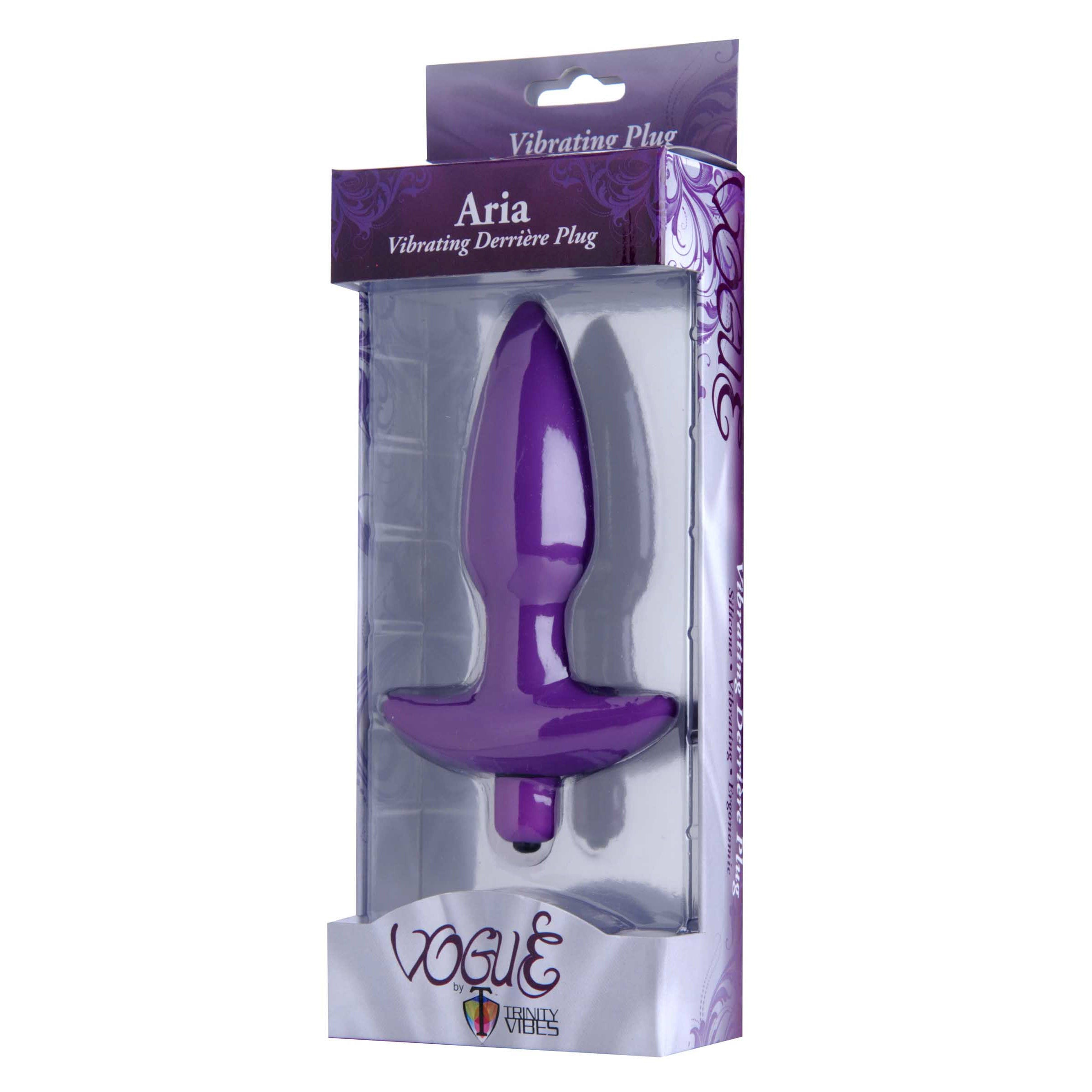 Aria Vibrating Silicone Anal Plug in purple, featuring a tapered design and flared base for safety.