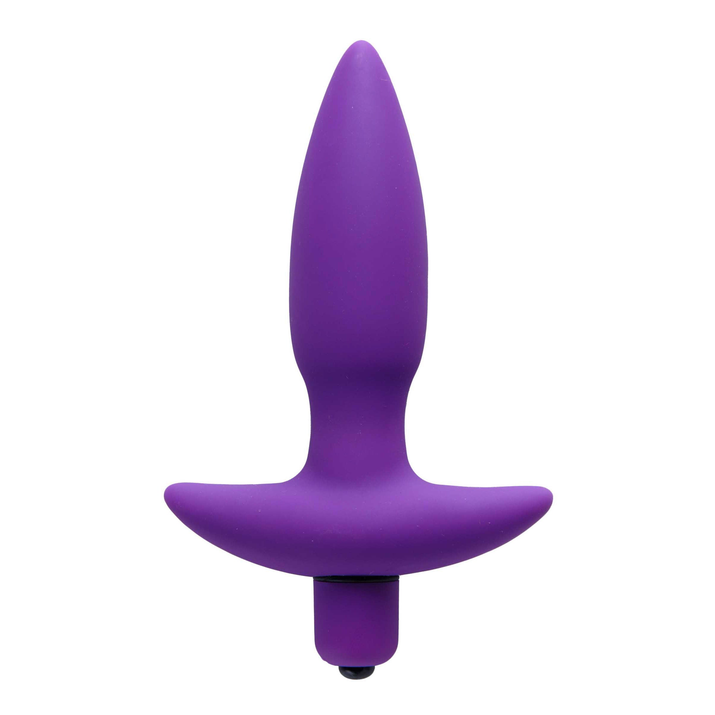 Aria Vibrating Silicone Anal Plug in purple, featuring a tapered design and flared base for safety.