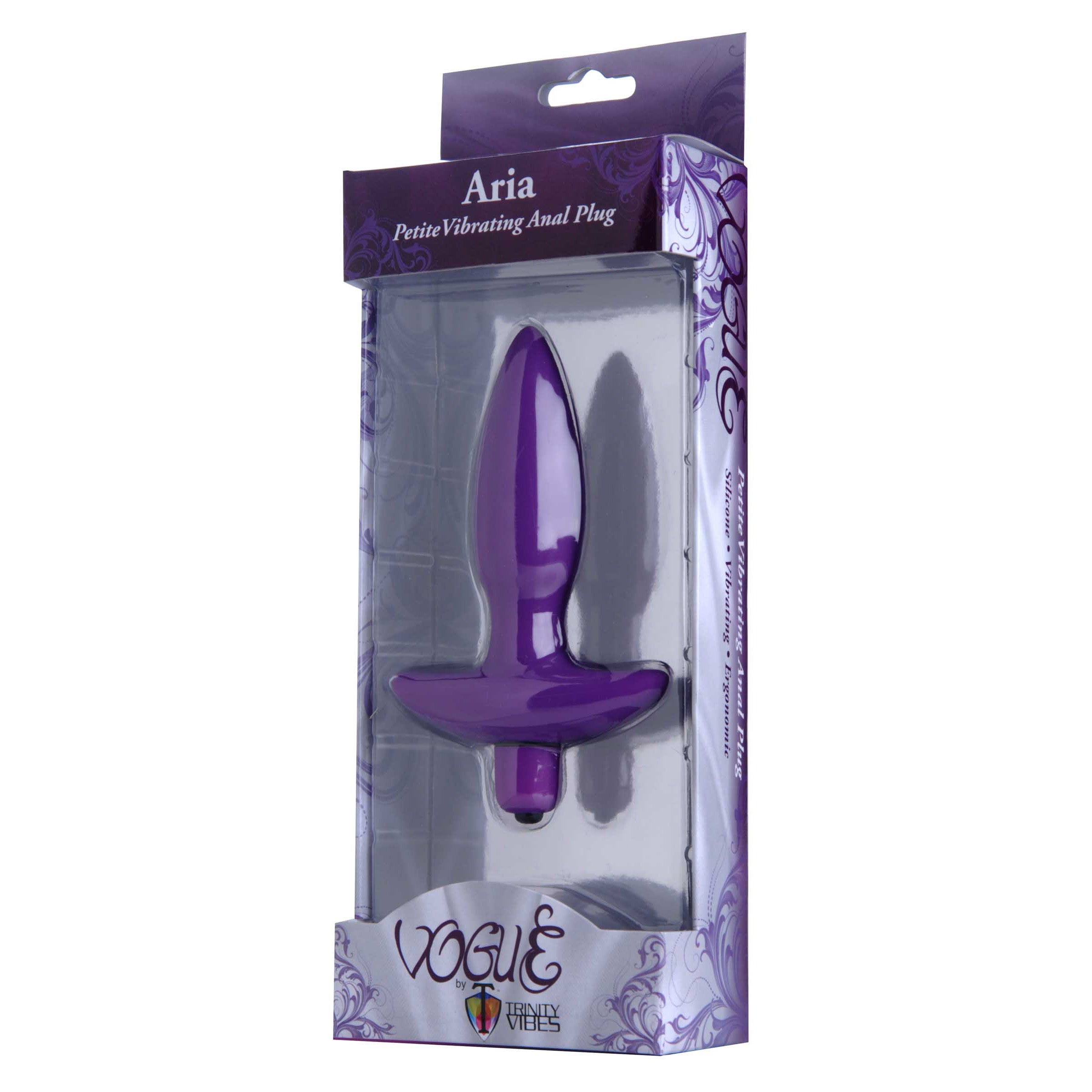 Aria Vibrating Silicone Anal Plug in purple, featuring a tapered design and flared base for safety.