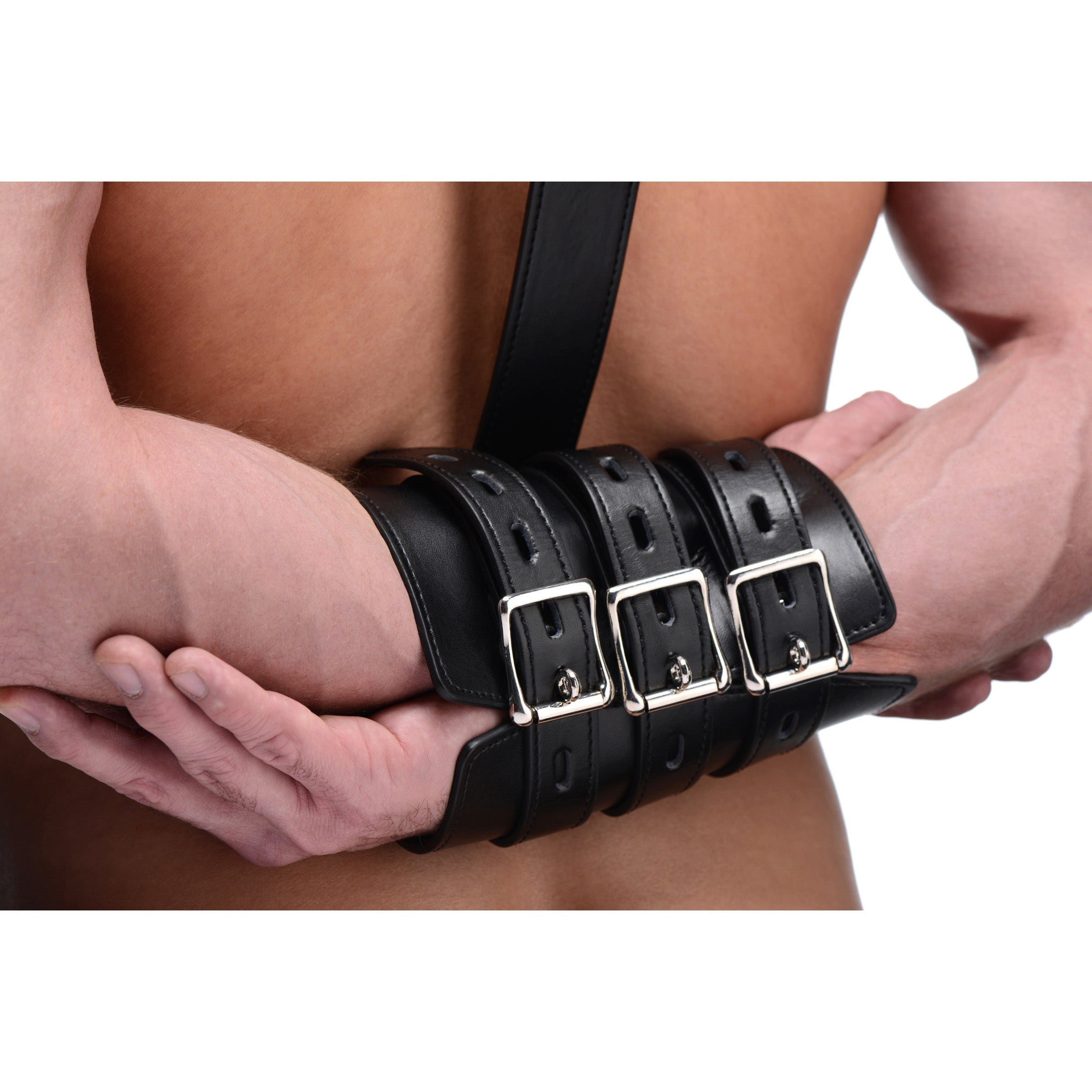 Black PU leather Arm Binder with adjustable straps and locking buckles for secure arm restraint.