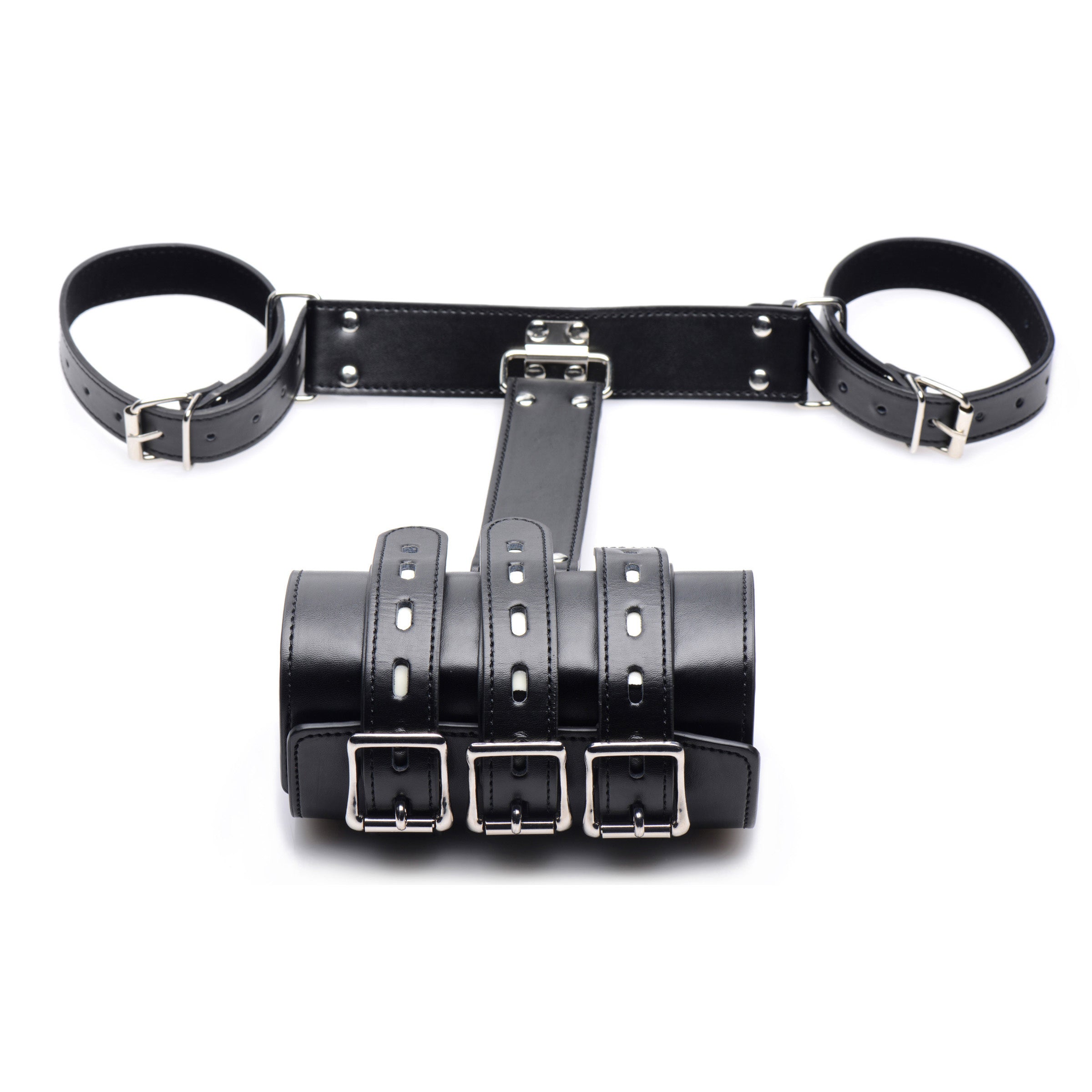 Black PU leather Arm Binder with adjustable straps and locking buckles for secure arm restraint.