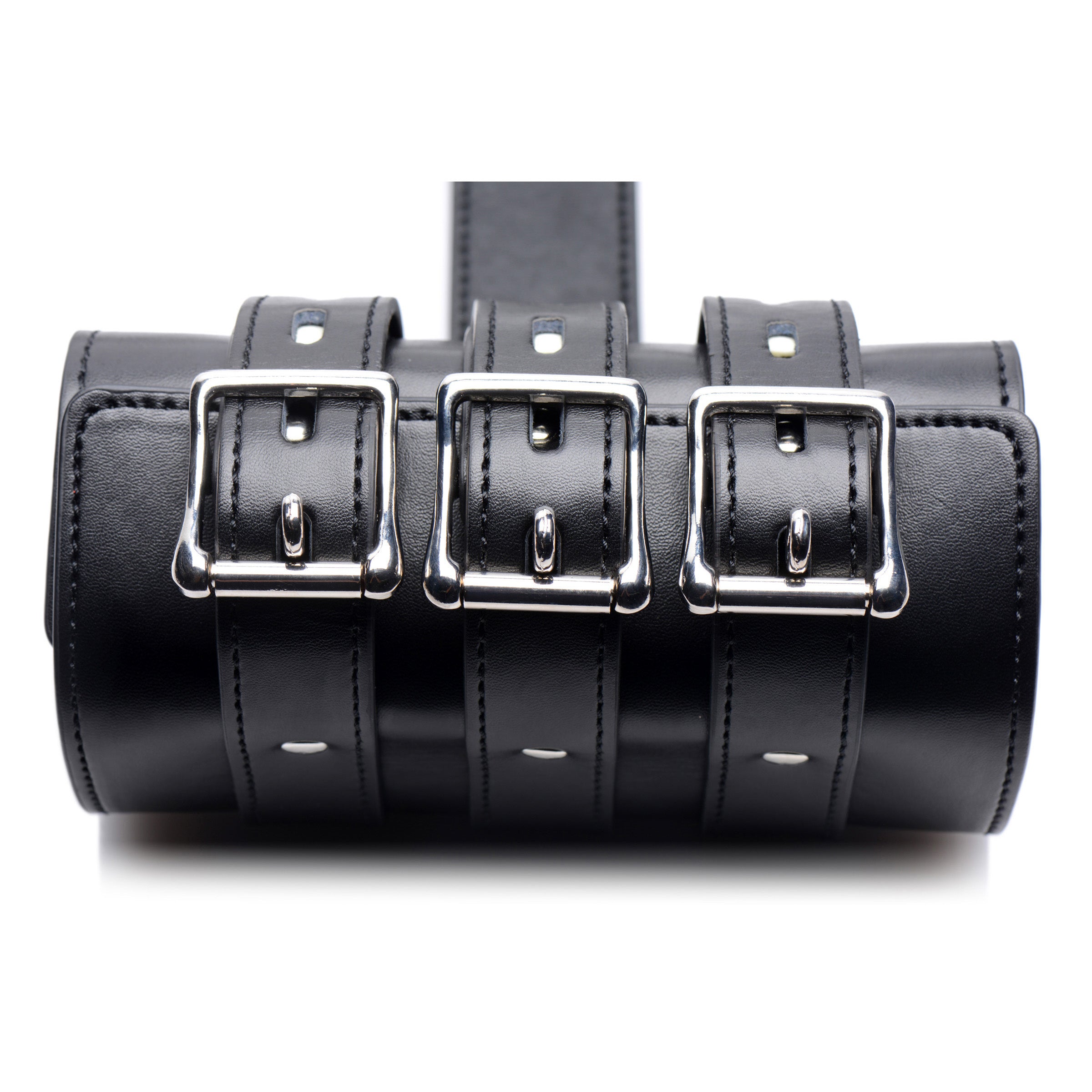 Black PU leather Arm Binder with adjustable straps and locking buckles for secure arm restraint.