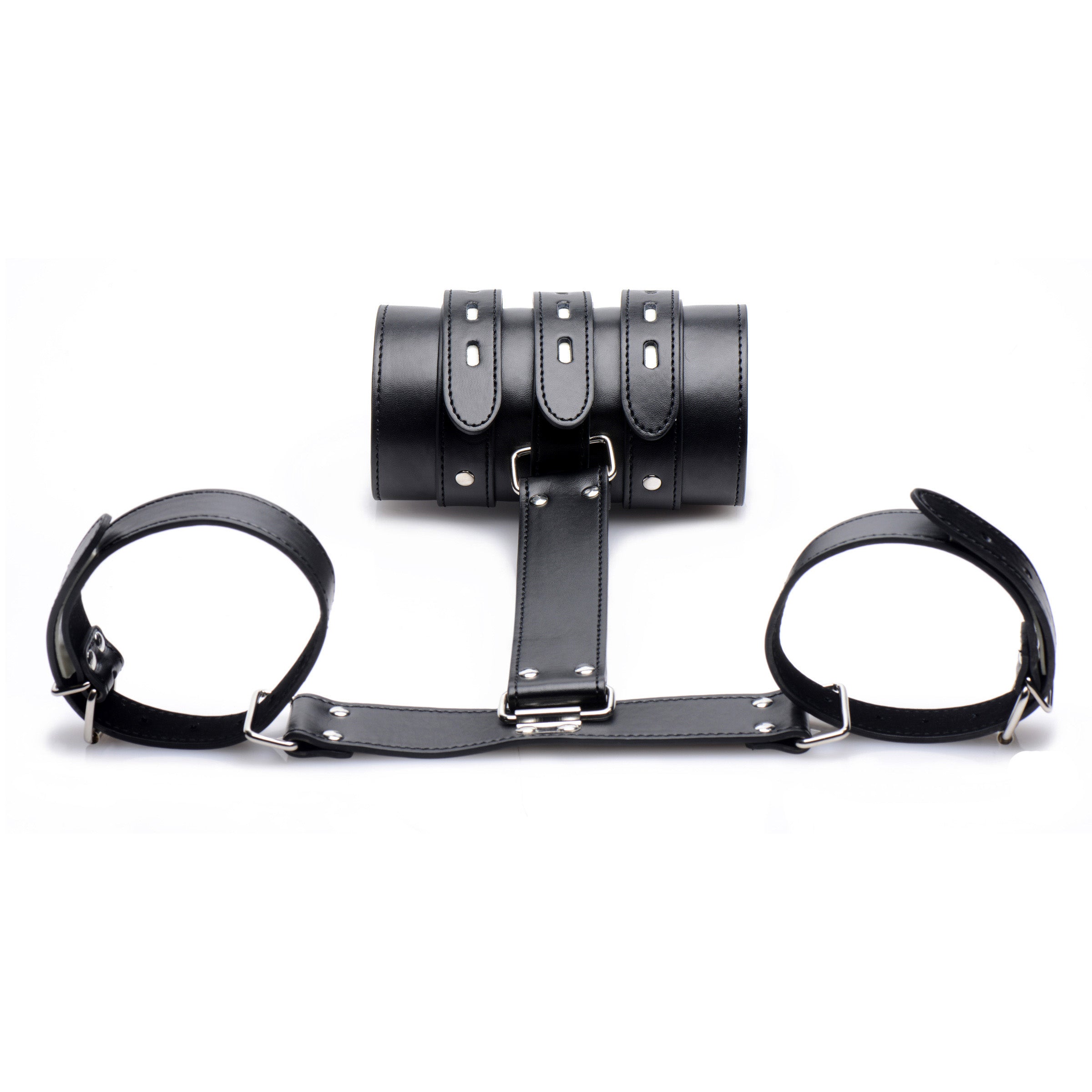 Black PU leather Arm Binder with adjustable straps and locking buckles for secure arm restraint.