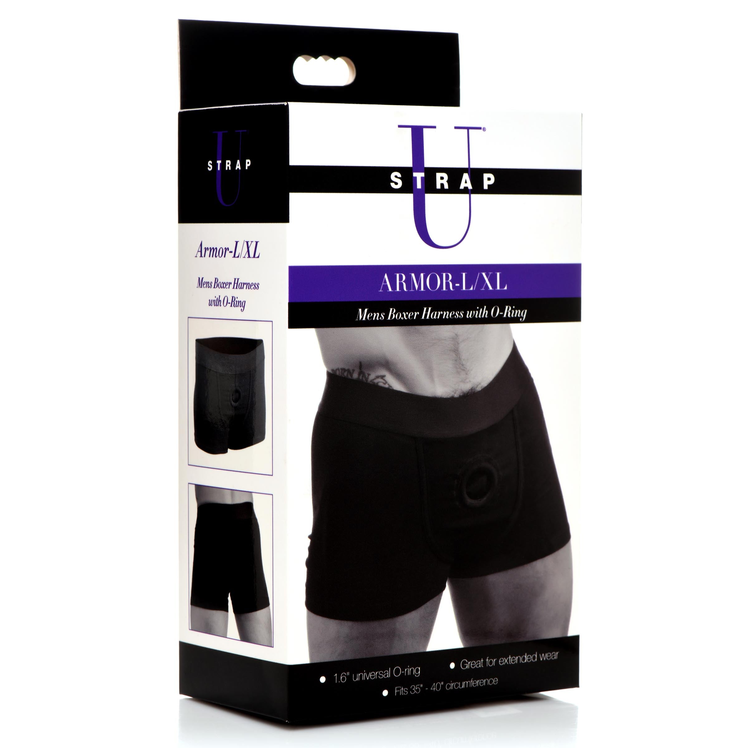 Armor Mens Boxer Harness featuring a universal O-ring, made from cotton and spandex blend, designed for comfort and support.