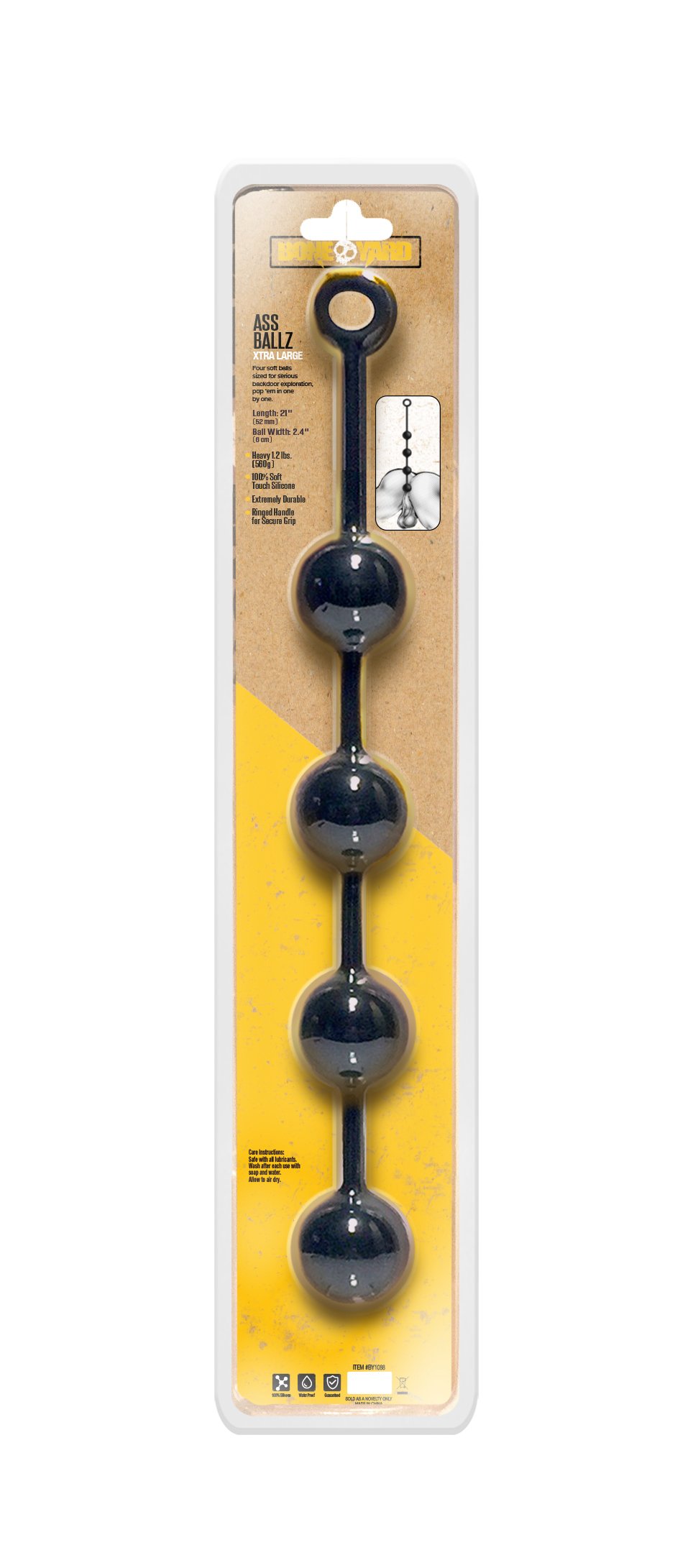 Ass Balls XL - Clamshell featuring four 2.4-inch silicone balls connected by a durable cord, designed for backdoor pleasure with a soft touch finish.