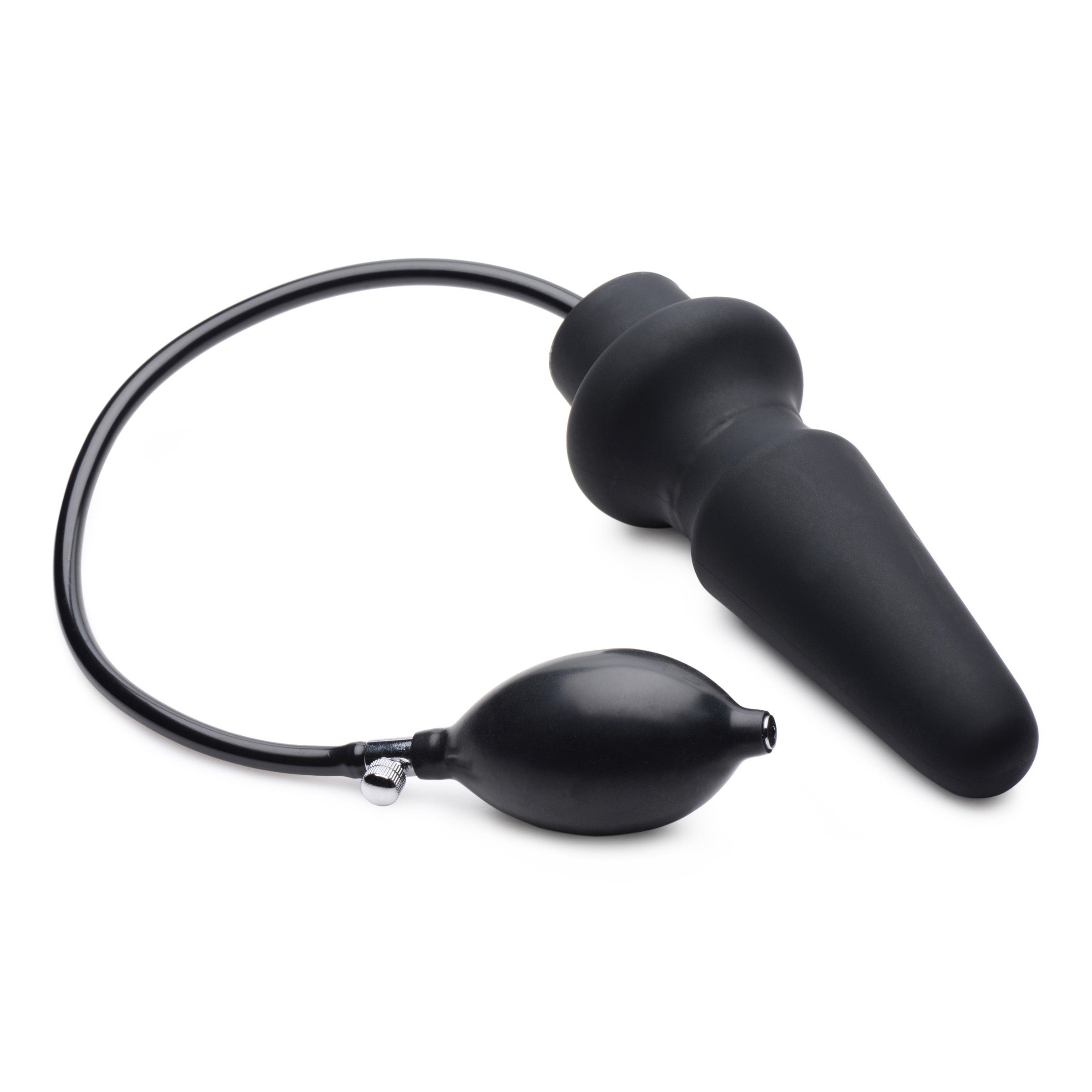 Ass-Pand Large Inflatable Silicone Anal Plug with a smooth black silicone finish and a soft pumping bulb for adjustable size.