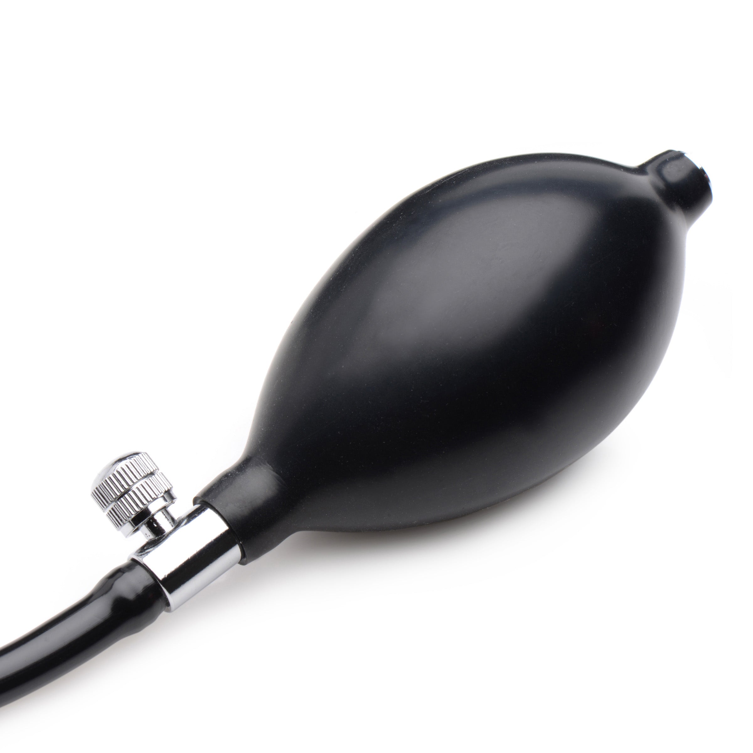 Ass-Pand Large Inflatable Silicone Anal Plug with a smooth black silicone finish and a soft pumping bulb for adjustable size.