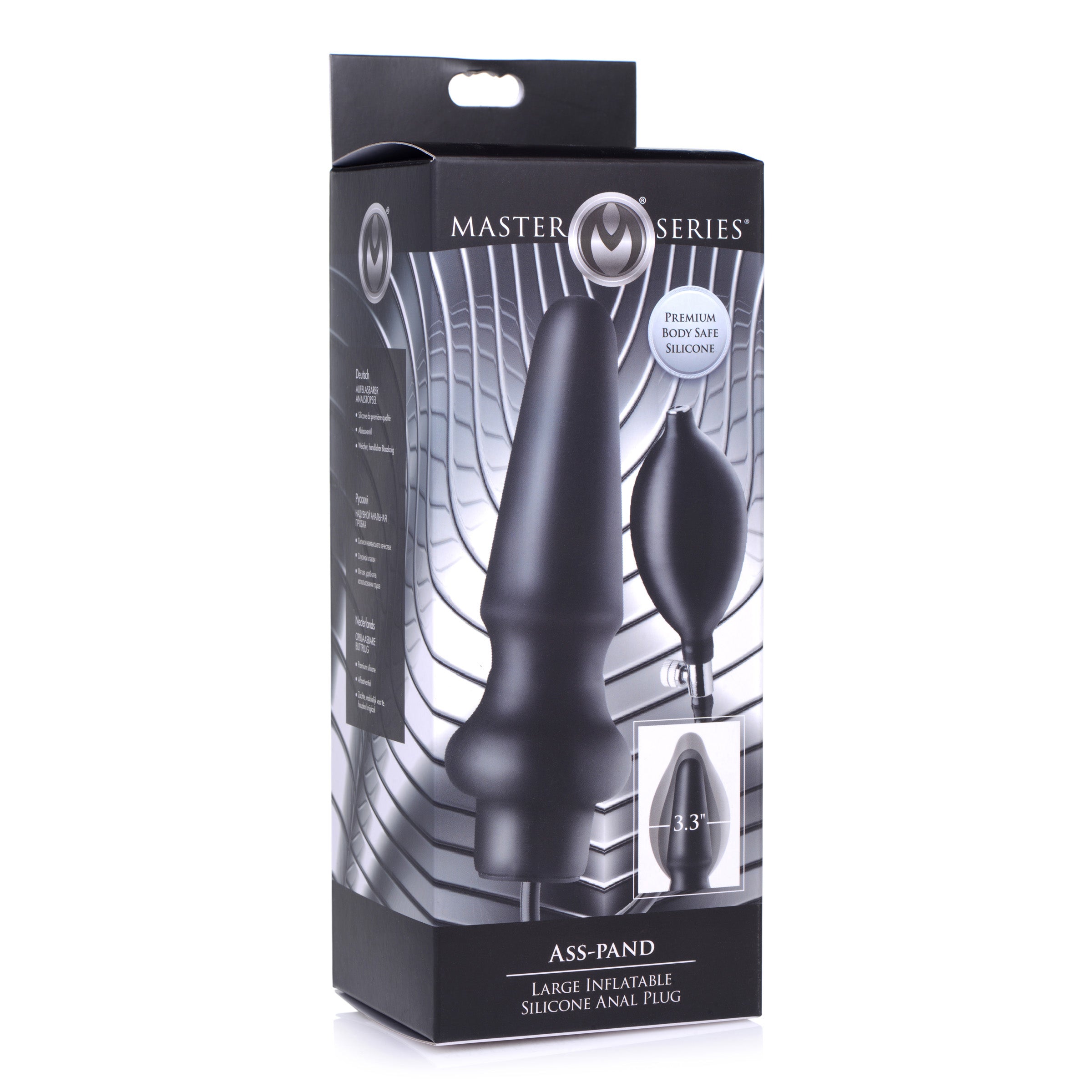 Ass-Pand Large Inflatable Silicone Anal Plug with a smooth black silicone finish and a soft pumping bulb for adjustable size.