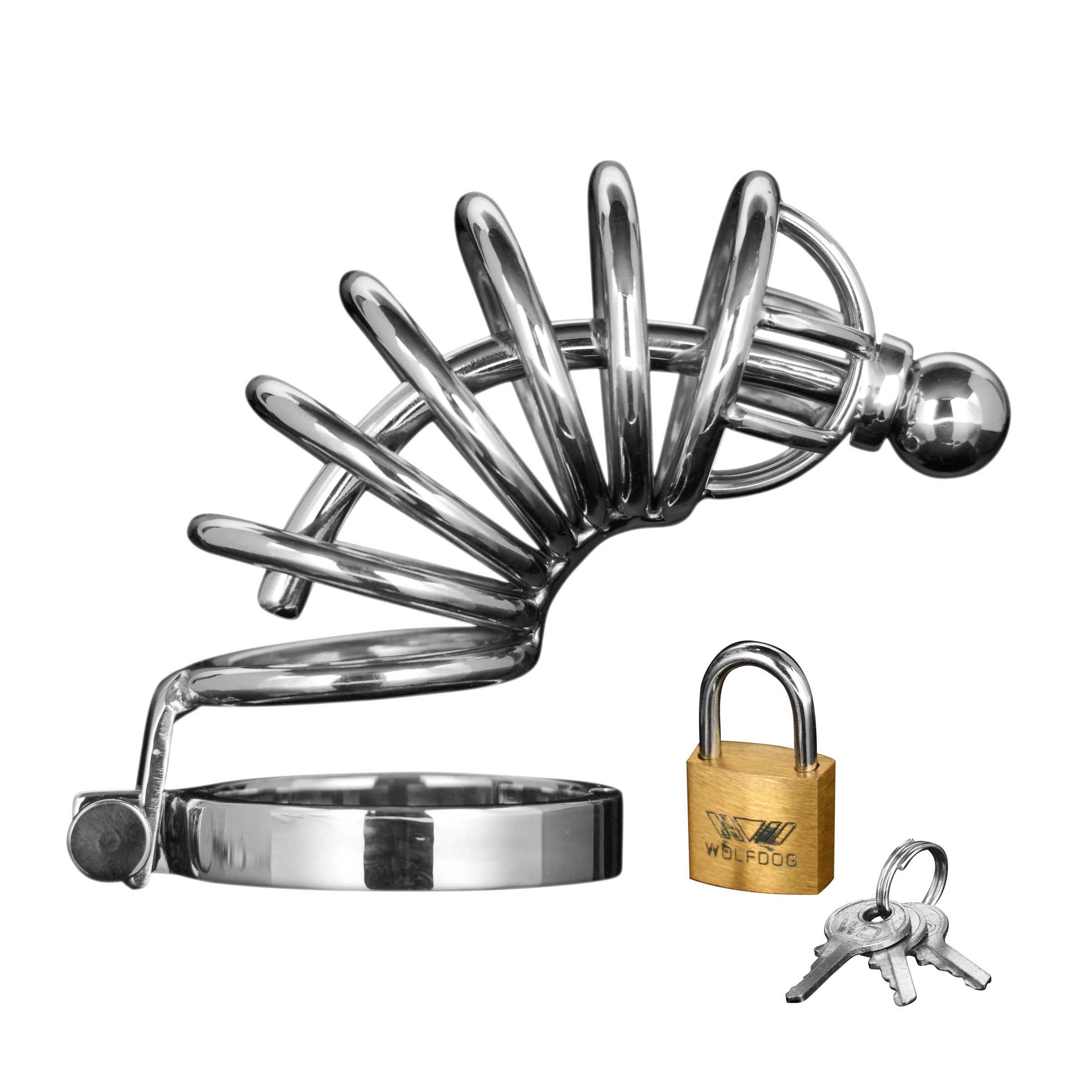 Asylum 6 Ring Locking Chastity Cage made of stainless steel with a curved spine and removable cum-thru plug.