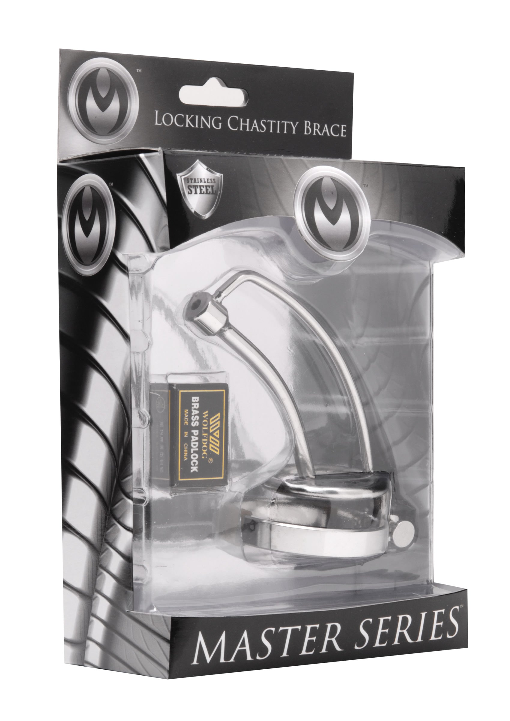 Asylum Locking Chastity Brace made of stainless steel, featuring a curved spine and cum-thru plug for extended wear.