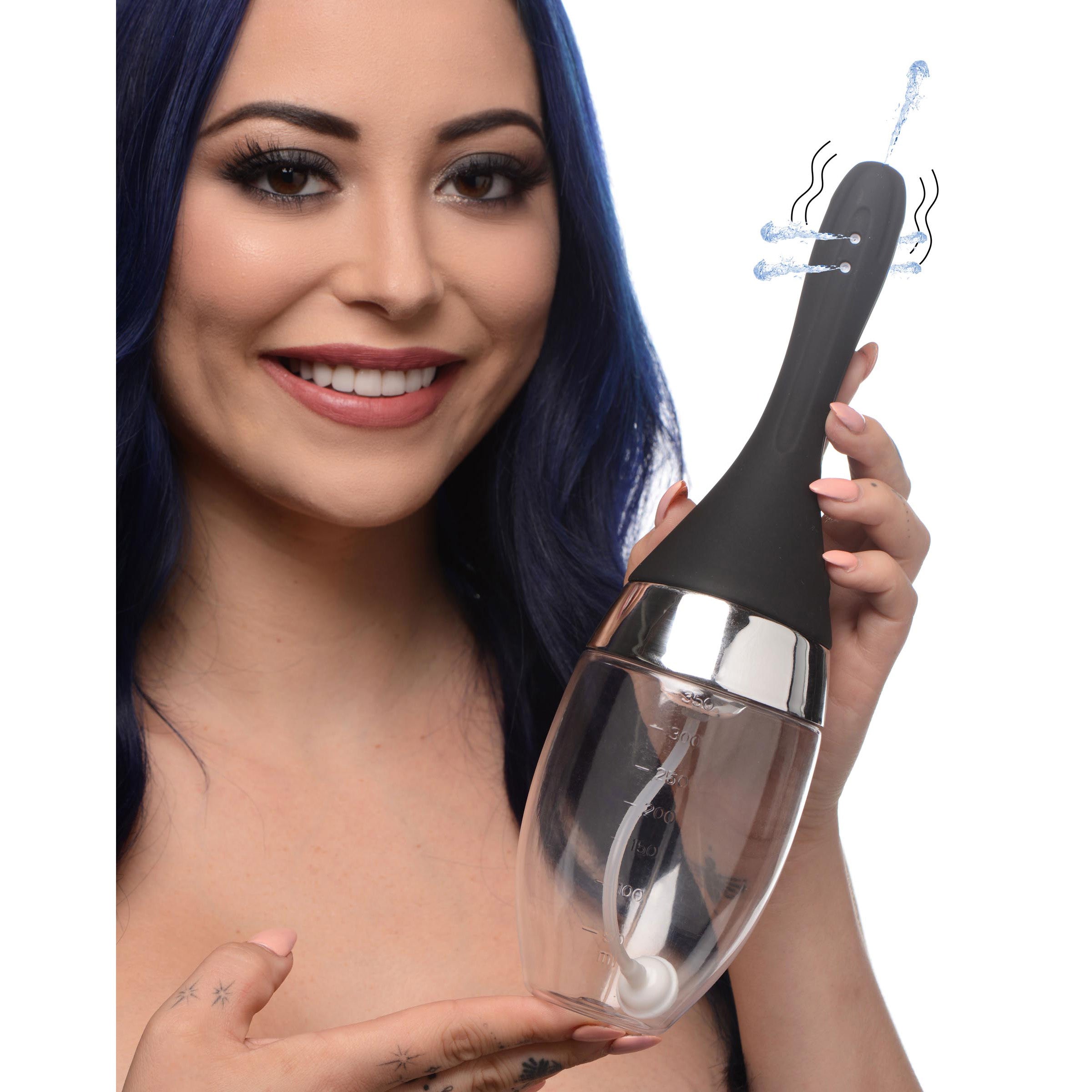 Automatic Vibrating Enema Bulb with clear silicone hose and black accents, designed for pleasurable and hygienic cleansing.