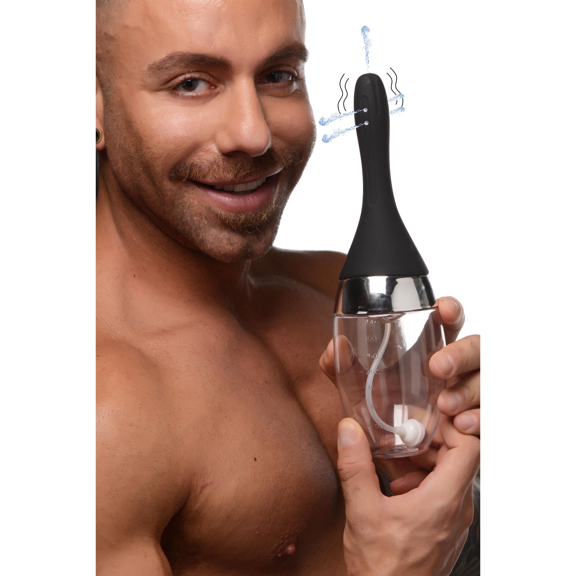 Automatic Vibrating Enema Bulb with clear silicone hose and black accents, designed for pleasurable and hygienic cleansing.