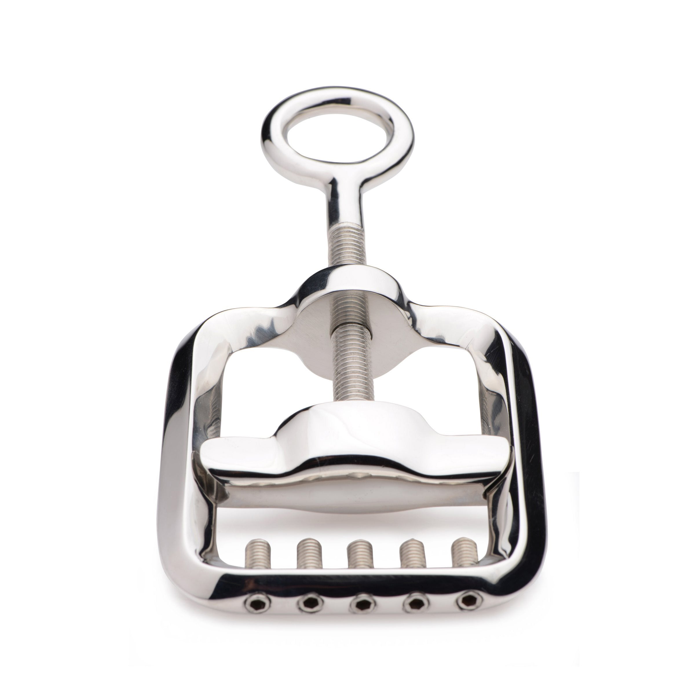 Ball Crusher with Spikes made of stainless steel, featuring five sharp screws and a crank mechanism for adjustable pressure.