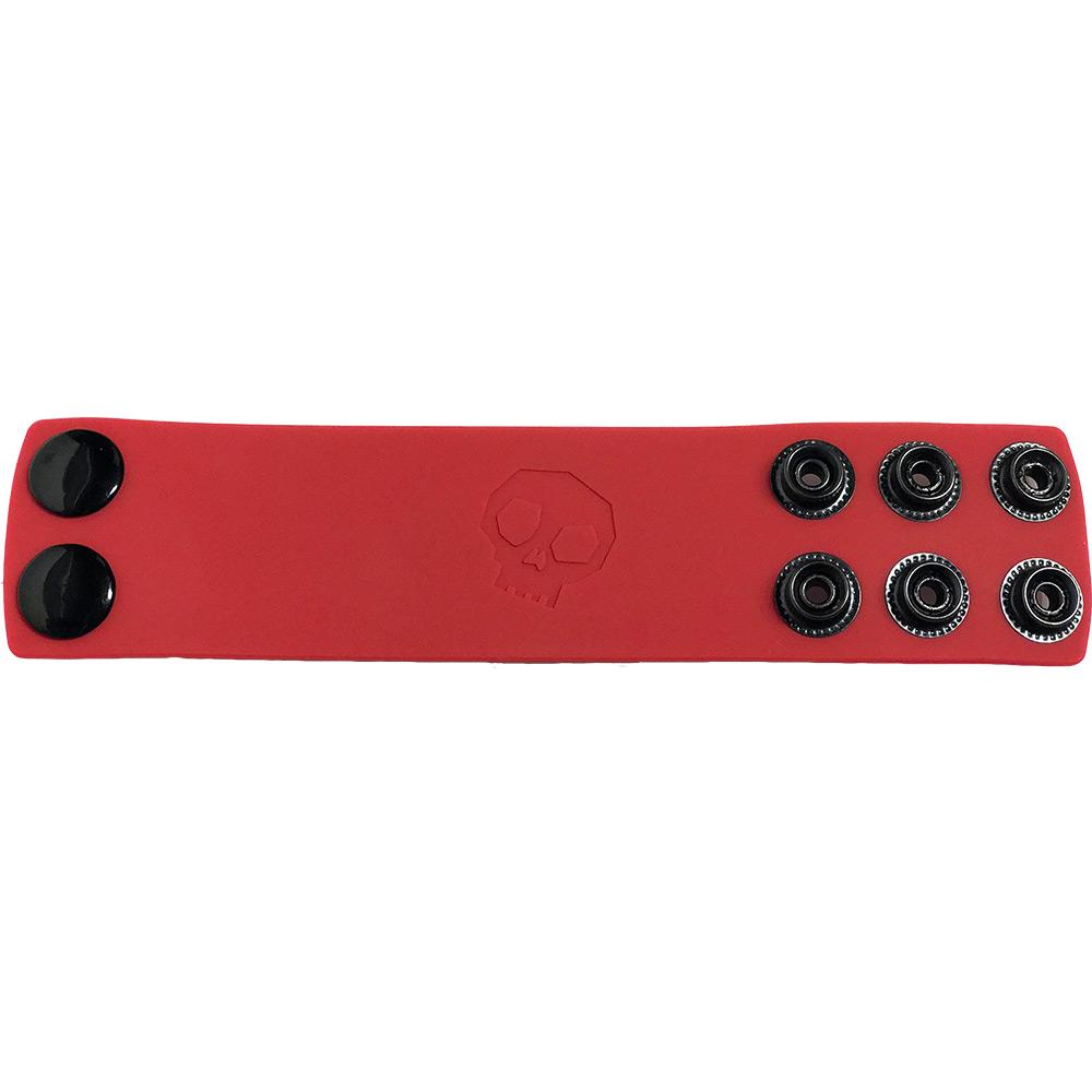 A vibrant red ball strap made of soft touch silicone, featuring adjustable snaps for sizing, designed for comfort and durability in ball play.