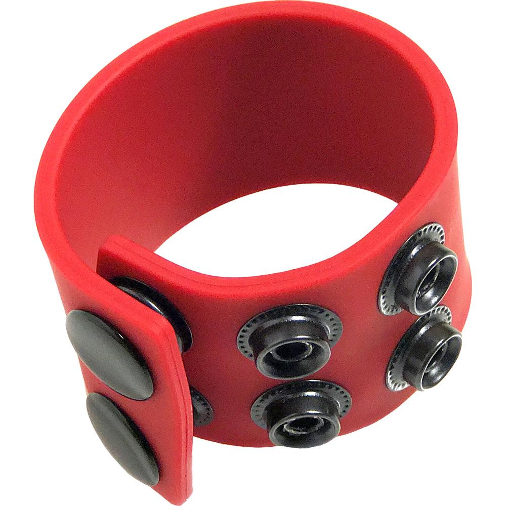 A vibrant red ball strap made of soft touch silicone, featuring adjustable snaps for sizing, designed for comfort and durability in ball play.