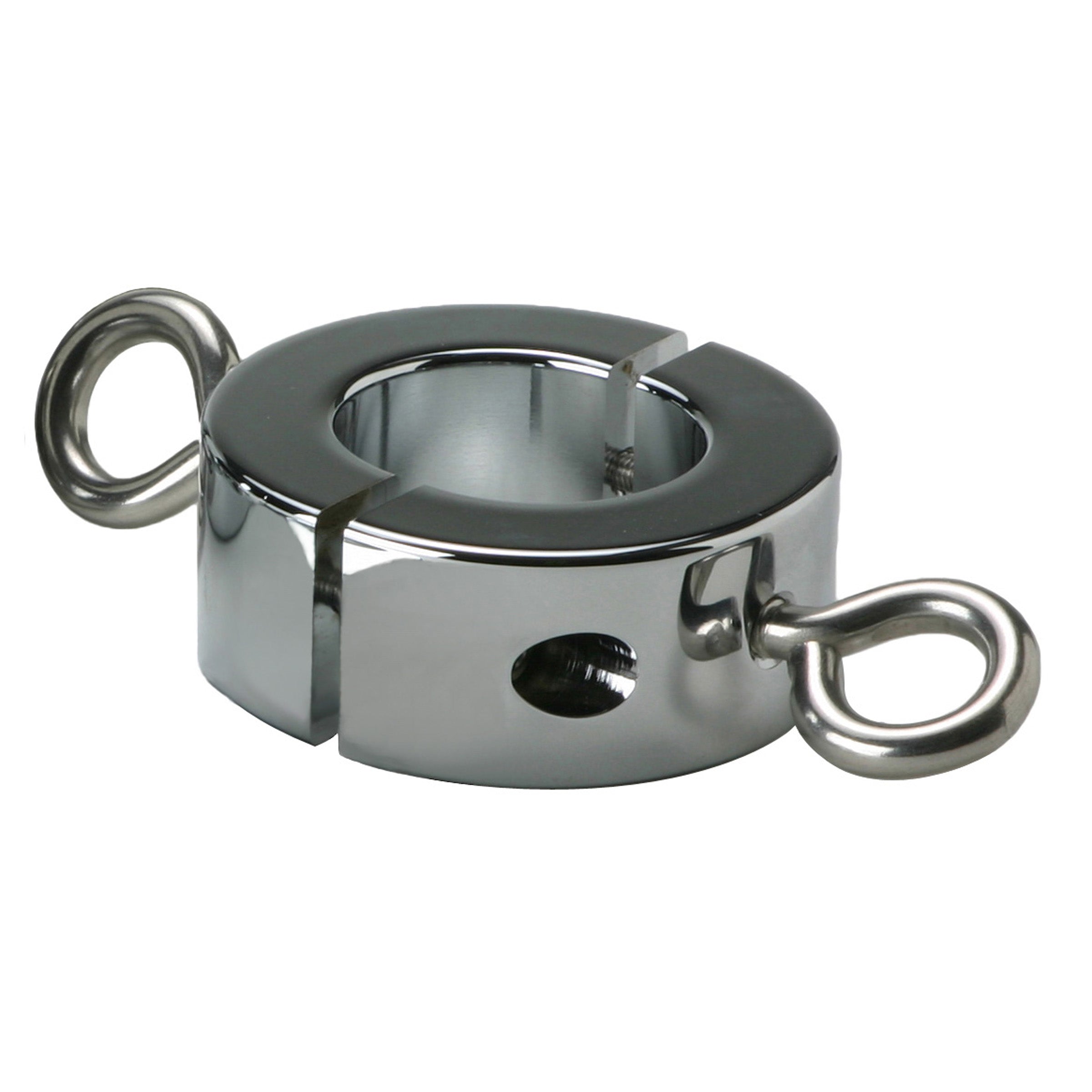 A chrome plated brass ball stretcher weight designed for CBT, featuring a sleek grey finish and optimal dimensions for comfort and stretch.