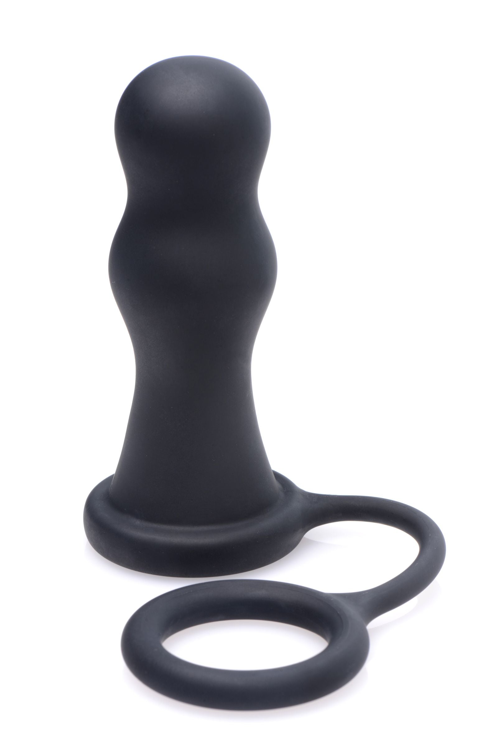 Beacon 10X Silicone Vibrating Plug in sleek black, showcasing its dual design with a cock ring and anal plug.