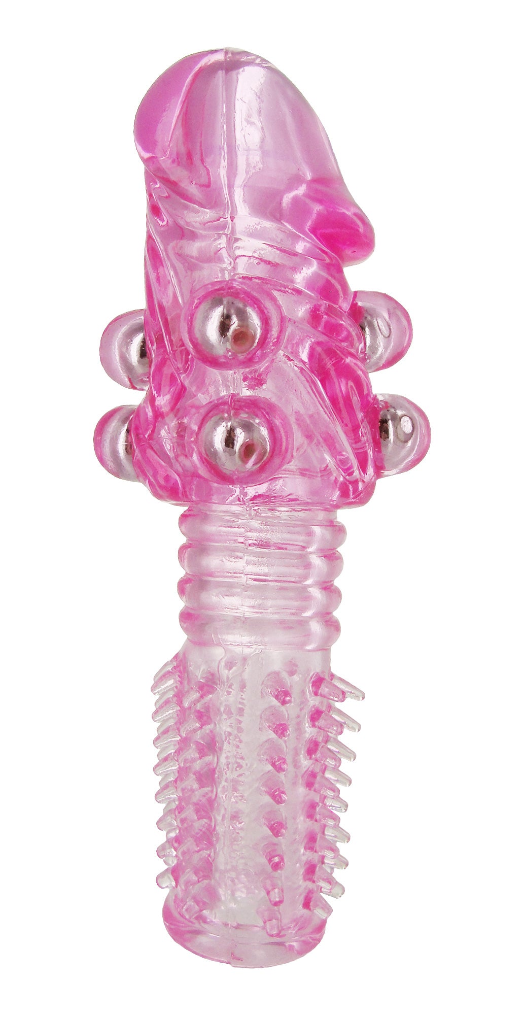 Beaded Penis and Vibe Sleeve in pink, showcasing its textured surface and realistic head shape for enhanced pleasure.