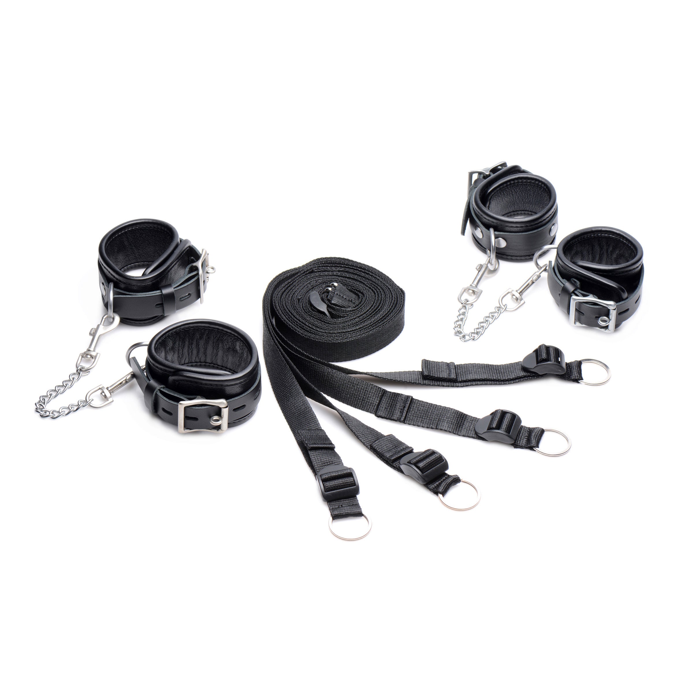 Bed Restraints Kit featuring padded leather cuffs and adjustable straps for bondage play.