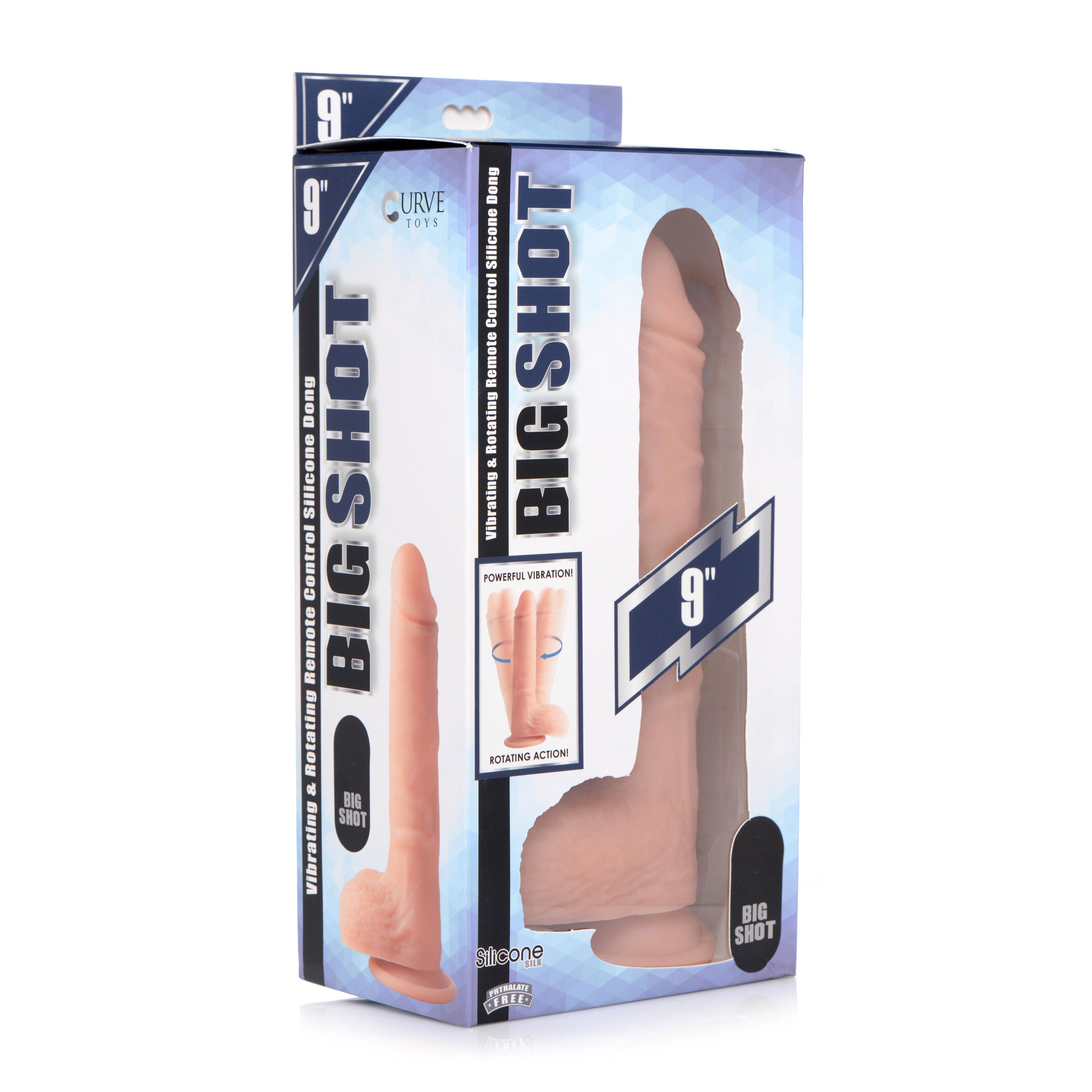 Big Shot Rotating Remote Control Silicone Dildo, 9 inches long with realistic texture and remote control.