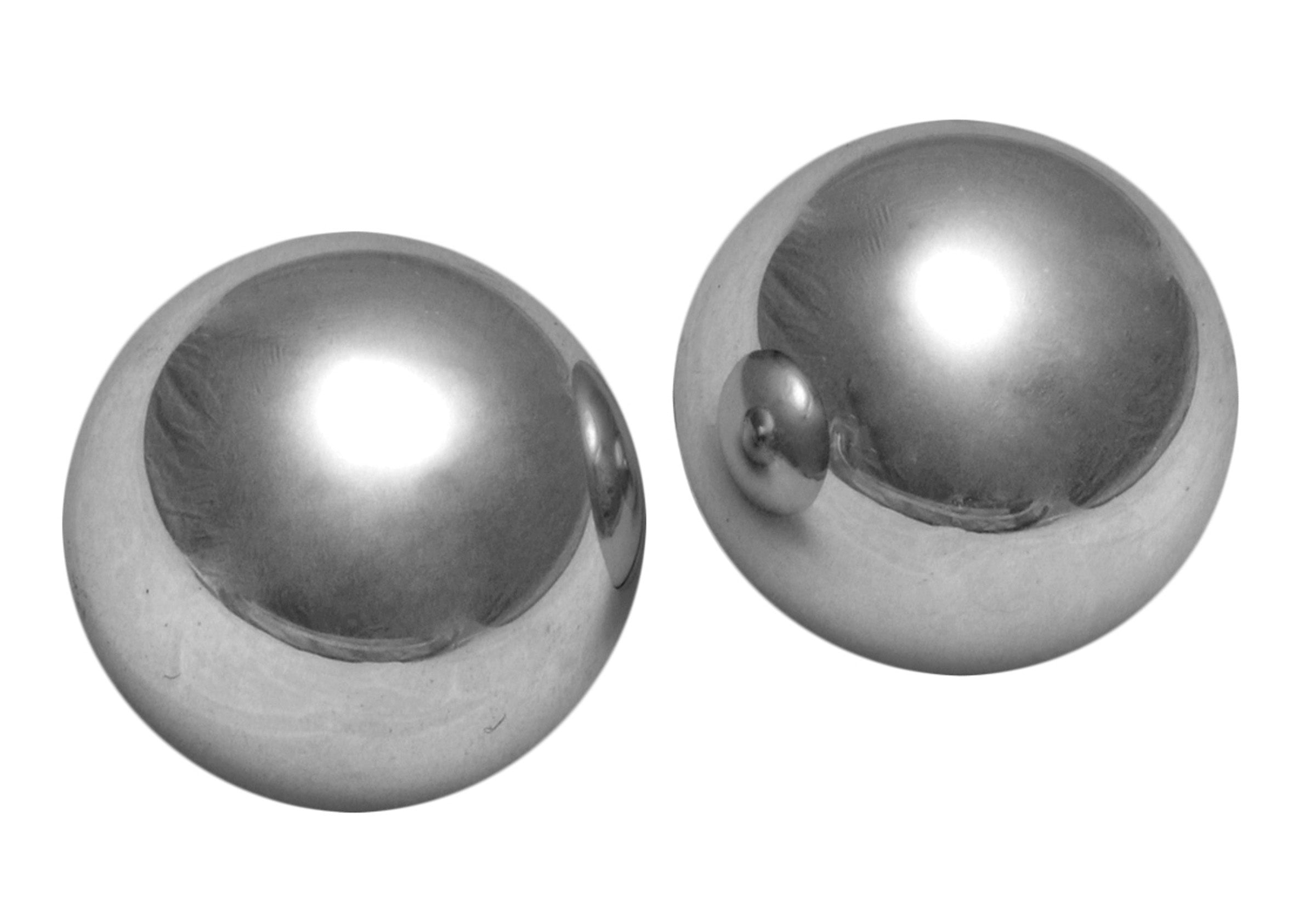 Bijoux Stainless Steel Kegel Balls, 1.15 inches in diameter, featuring a sleek silver finish for pelvic floor training.