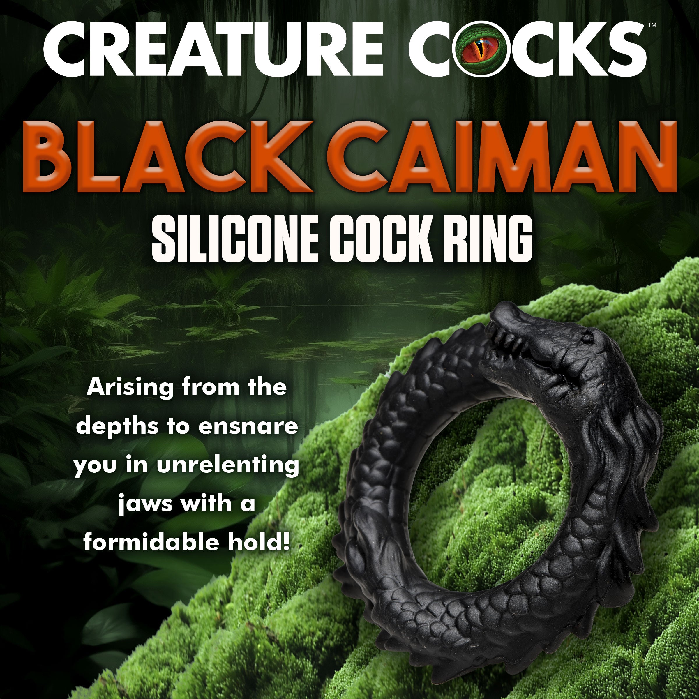 Black Caiman Silicone Cock Ring with ridges and a smiling caiman design, made from stretchy and body-safe silicone.