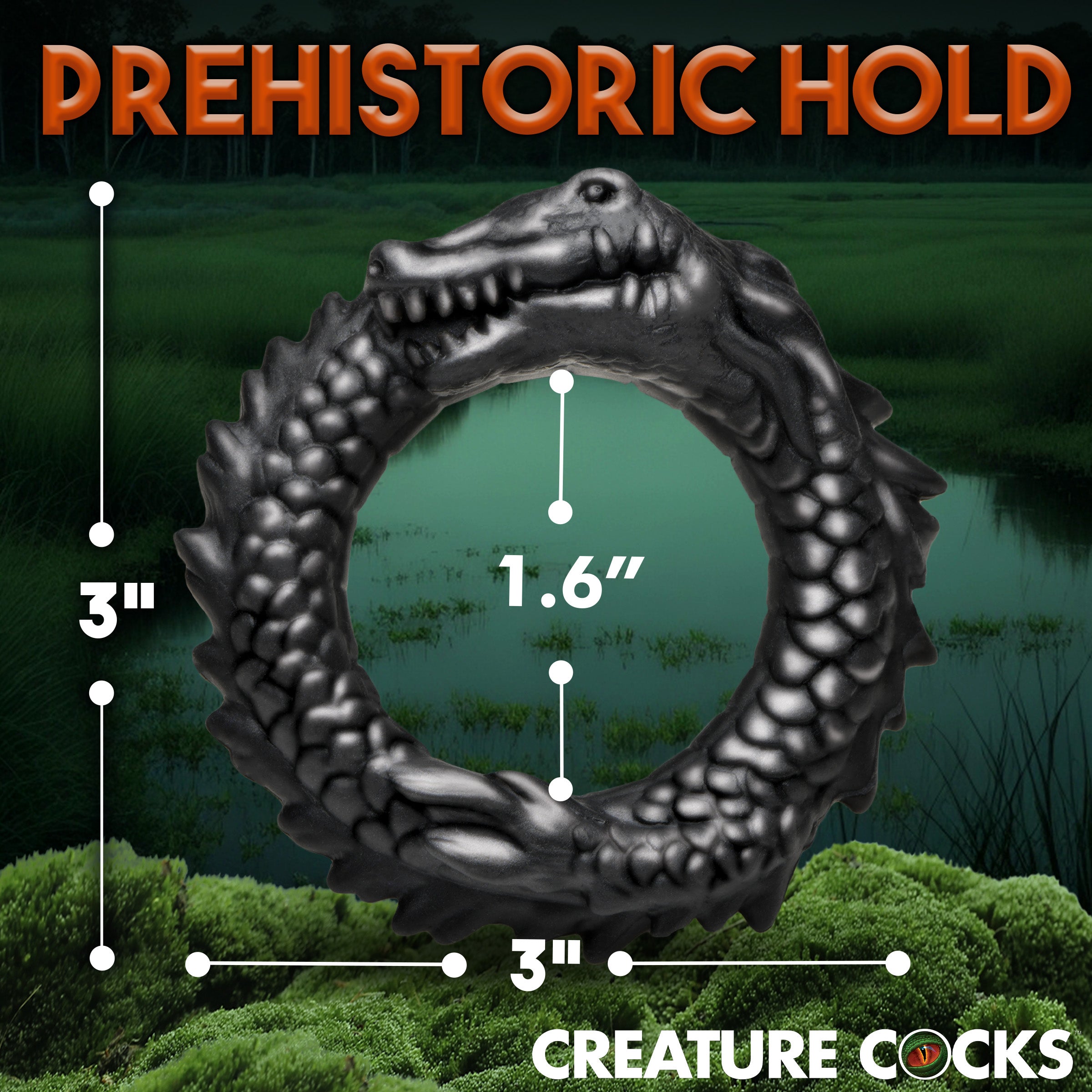 Black Caiman Silicone Cock Ring with ridges and a smiling caiman design, made from stretchy and body-safe silicone.