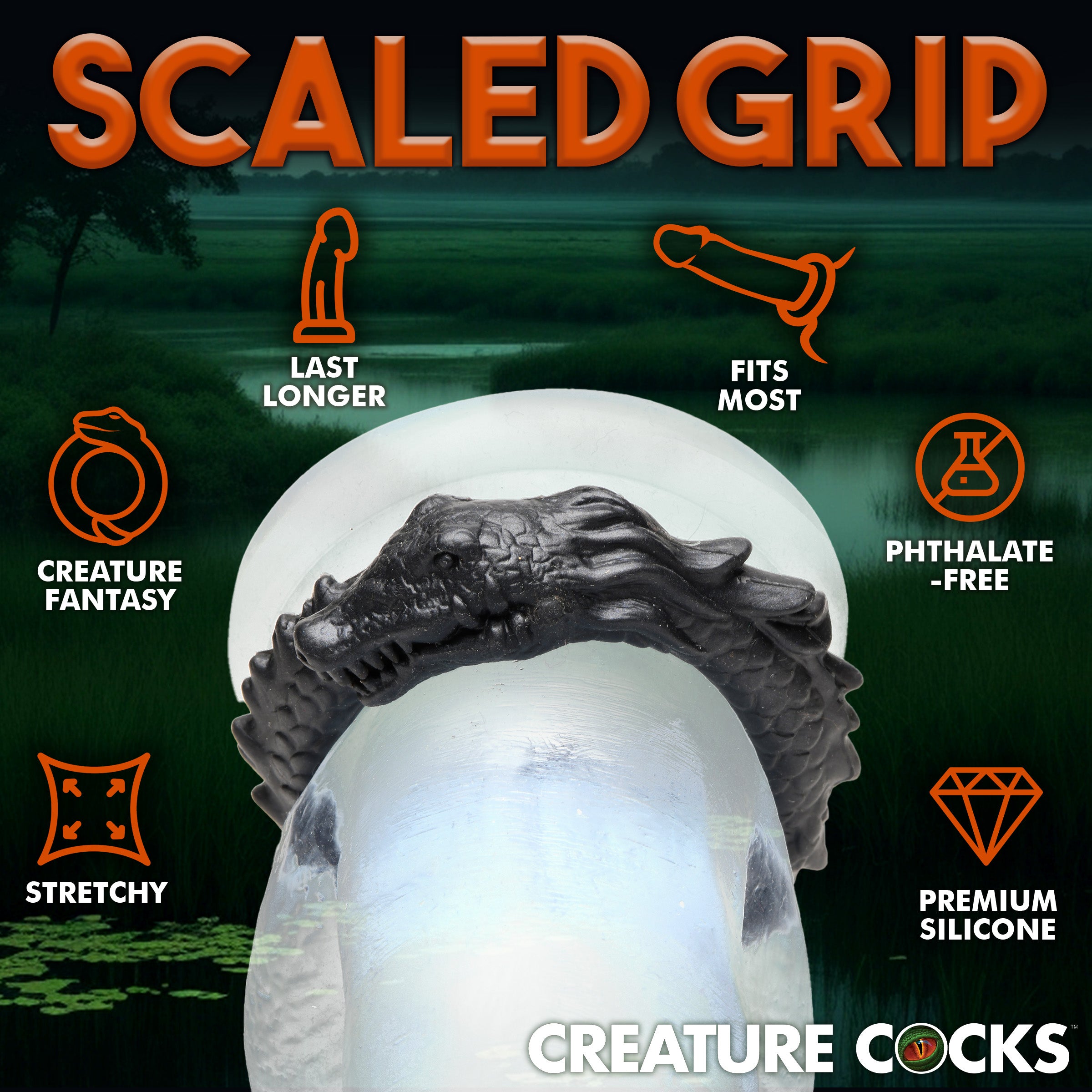 Black Caiman Silicone Cock Ring with ridges and a smiling caiman design, made from stretchy and body-safe silicone.