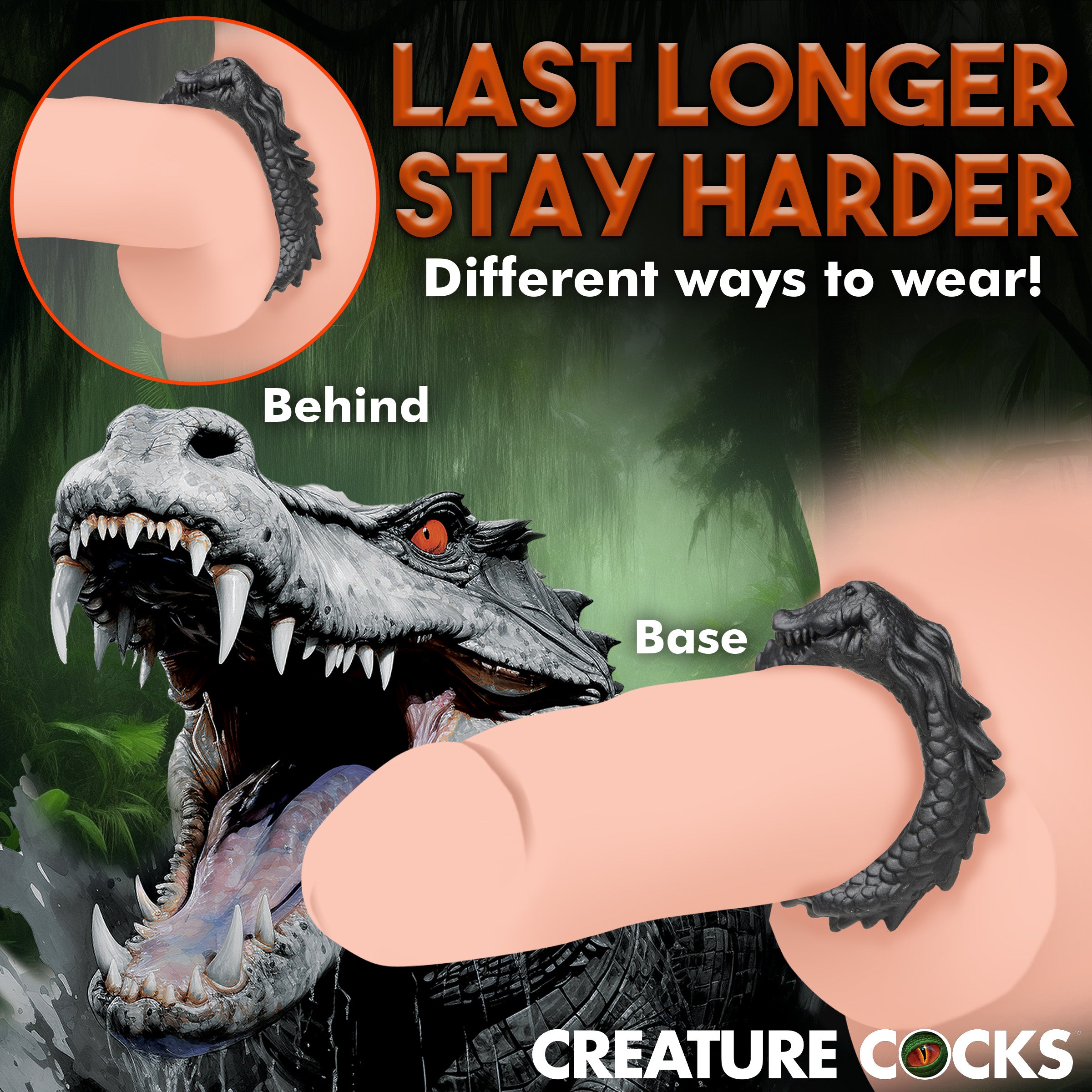 Black Caiman Silicone Cock Ring with ridges and a smiling caiman design, made from stretchy and body-safe silicone.