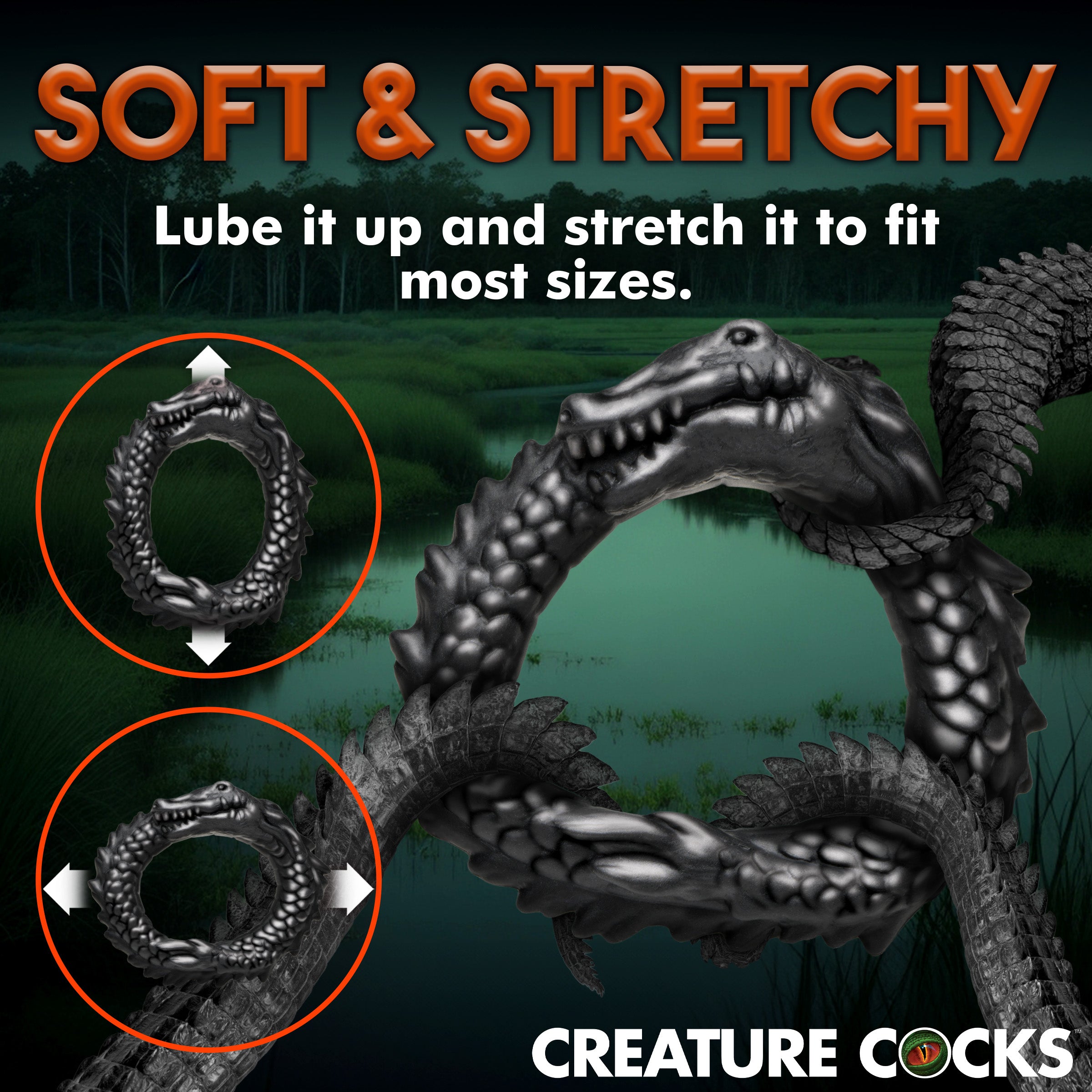 Black Caiman Silicone Cock Ring with ridges and a smiling caiman design, made from stretchy and body-safe silicone.